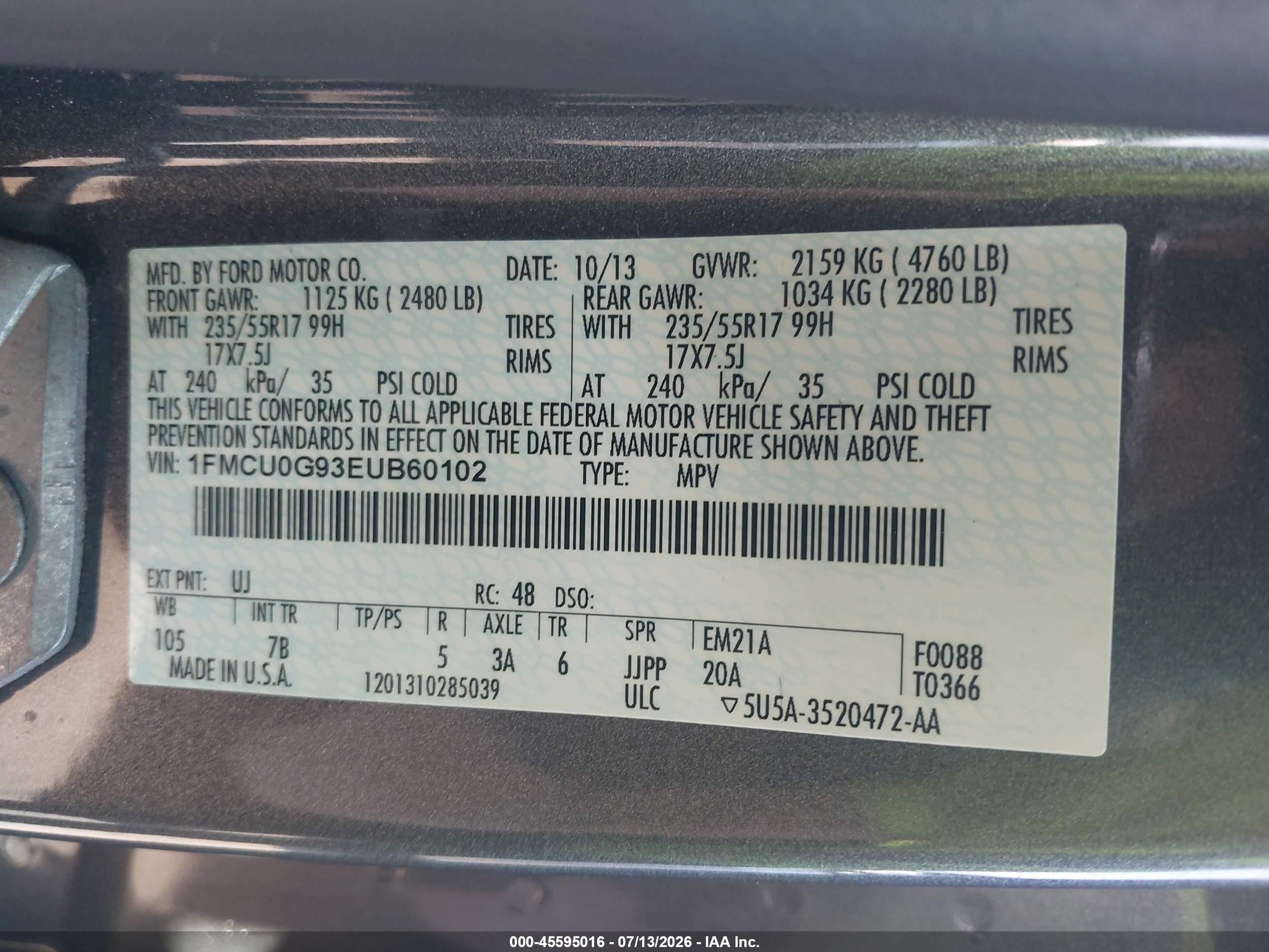 2014 Ford Escape Se Gray vin: 1FMCU0G93EUB60102