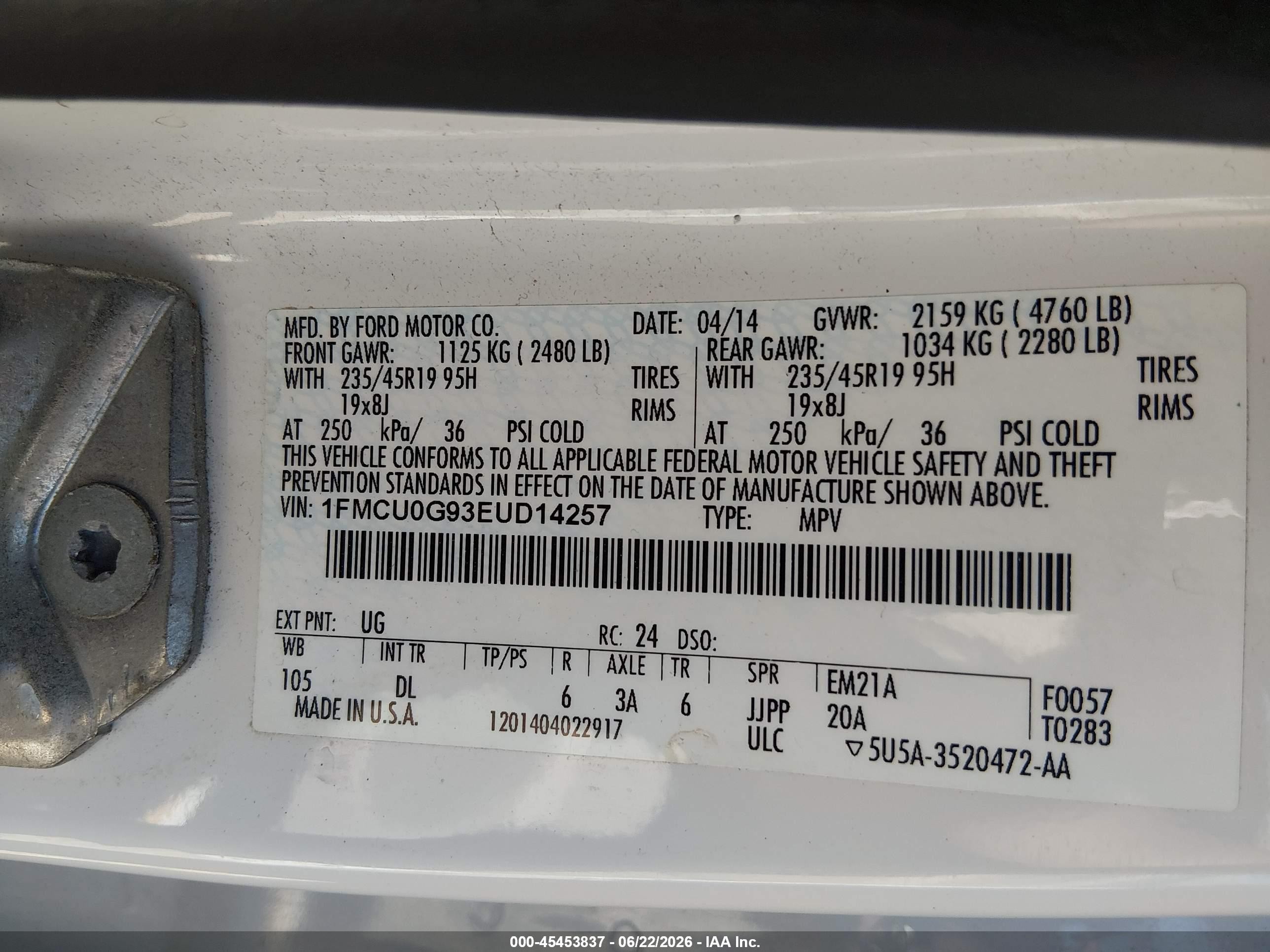2014 Ford Escape Se Белый vin: 1FMCU0G93EUD14257