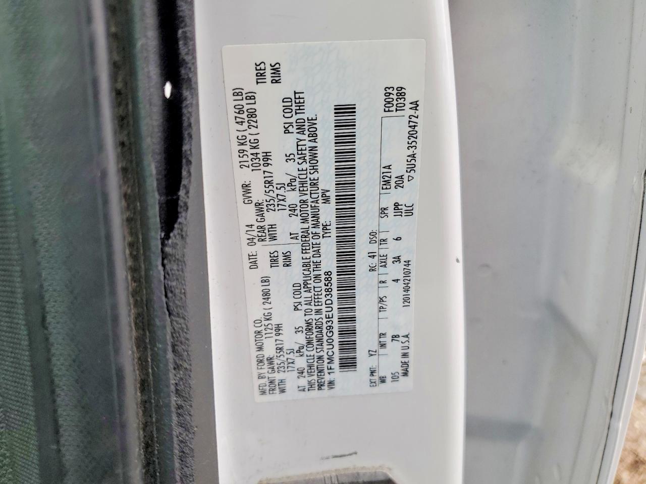 2014 Ford Escape Se White vin: 1FMCU0G93EUD38588