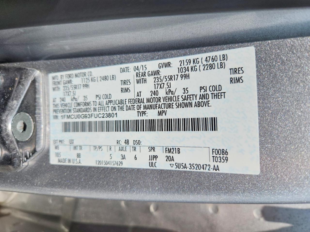 2015 Ford Escape Se Silver vin: 1FMCU0G93FUC23801