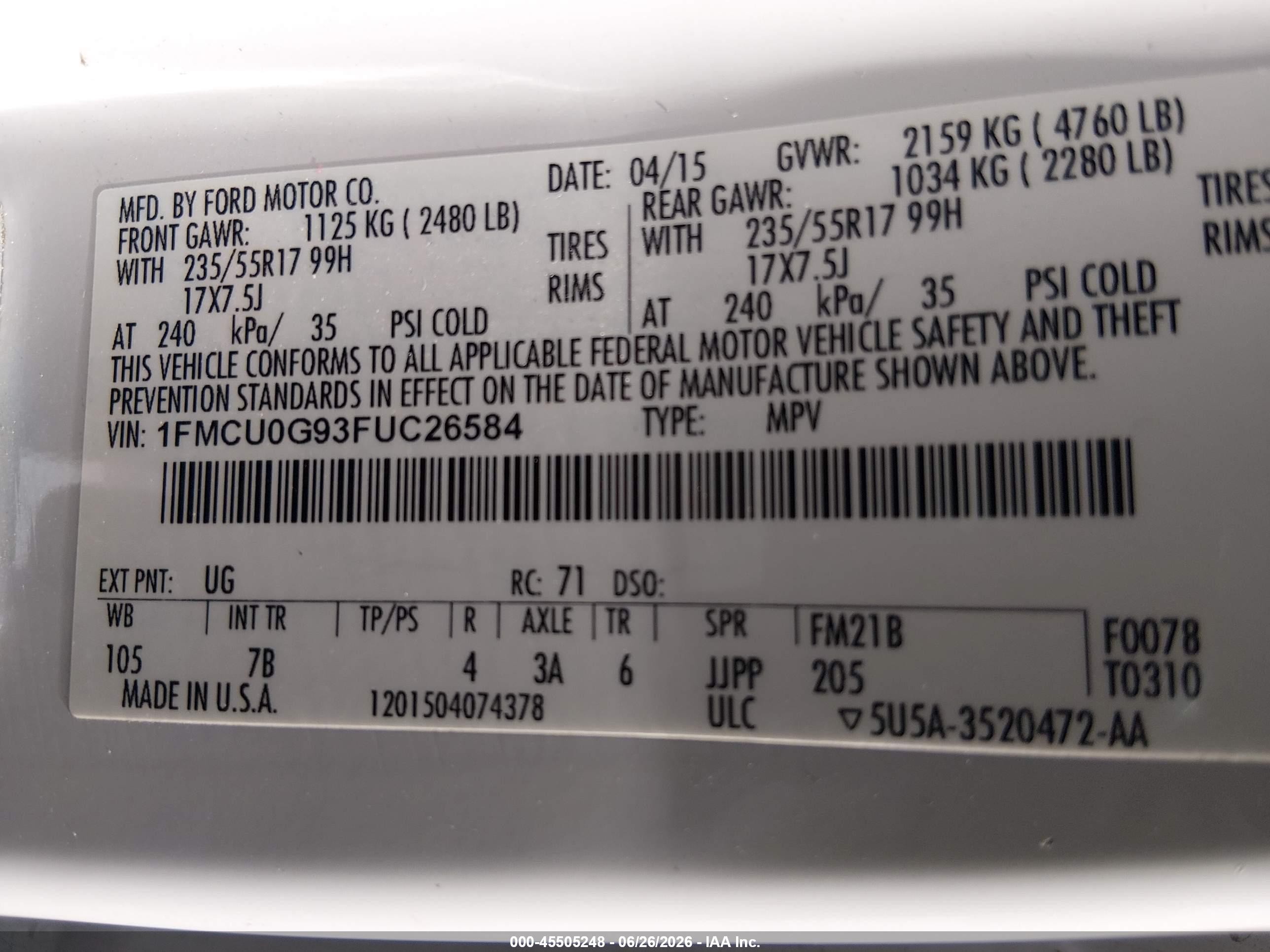 2015 Ford Escape Se White vin: 1FMCU0G93FUC26584