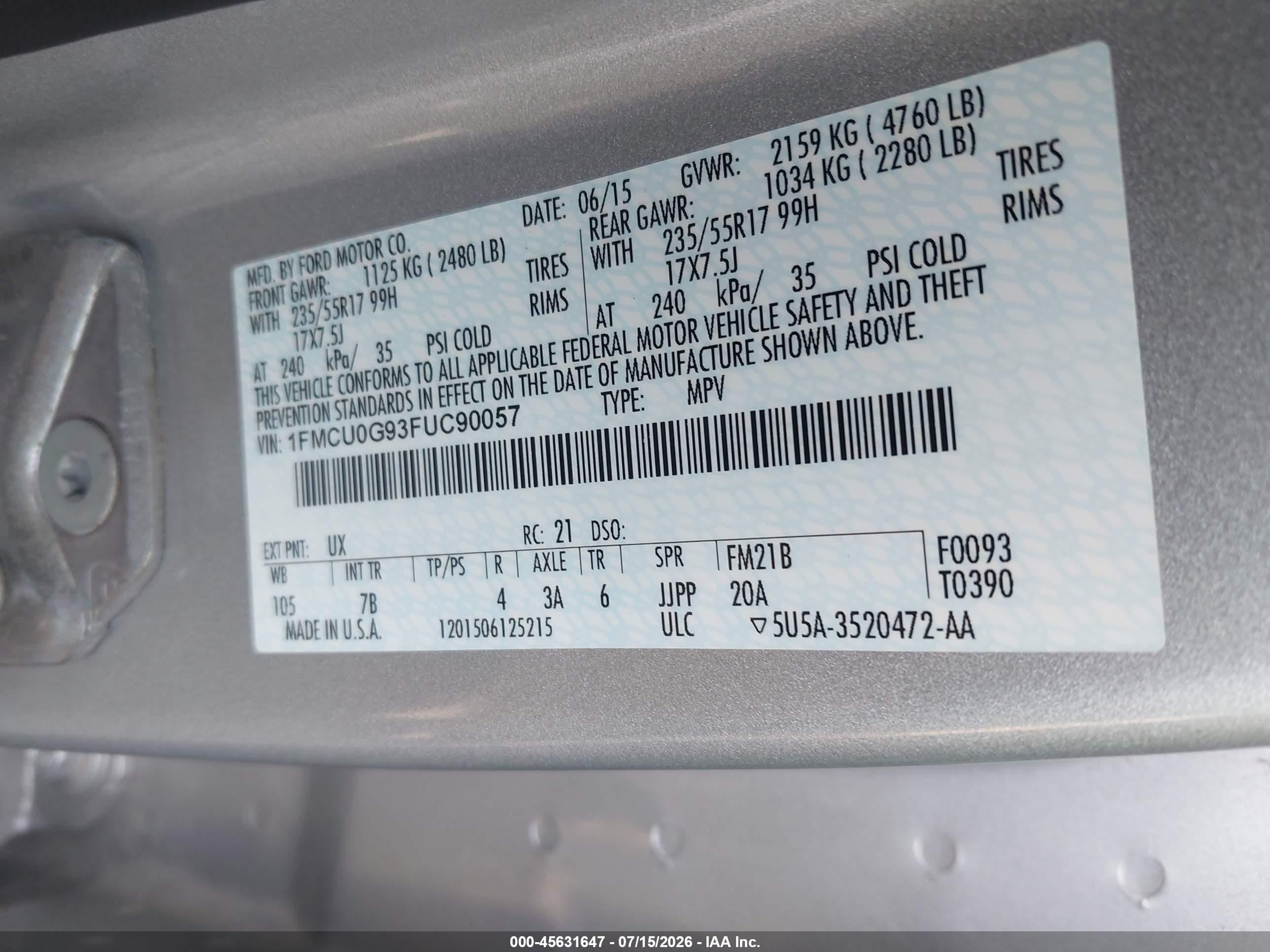 2015 Ford Escape Se Silver vin: 1FMCU0G93FUC90057