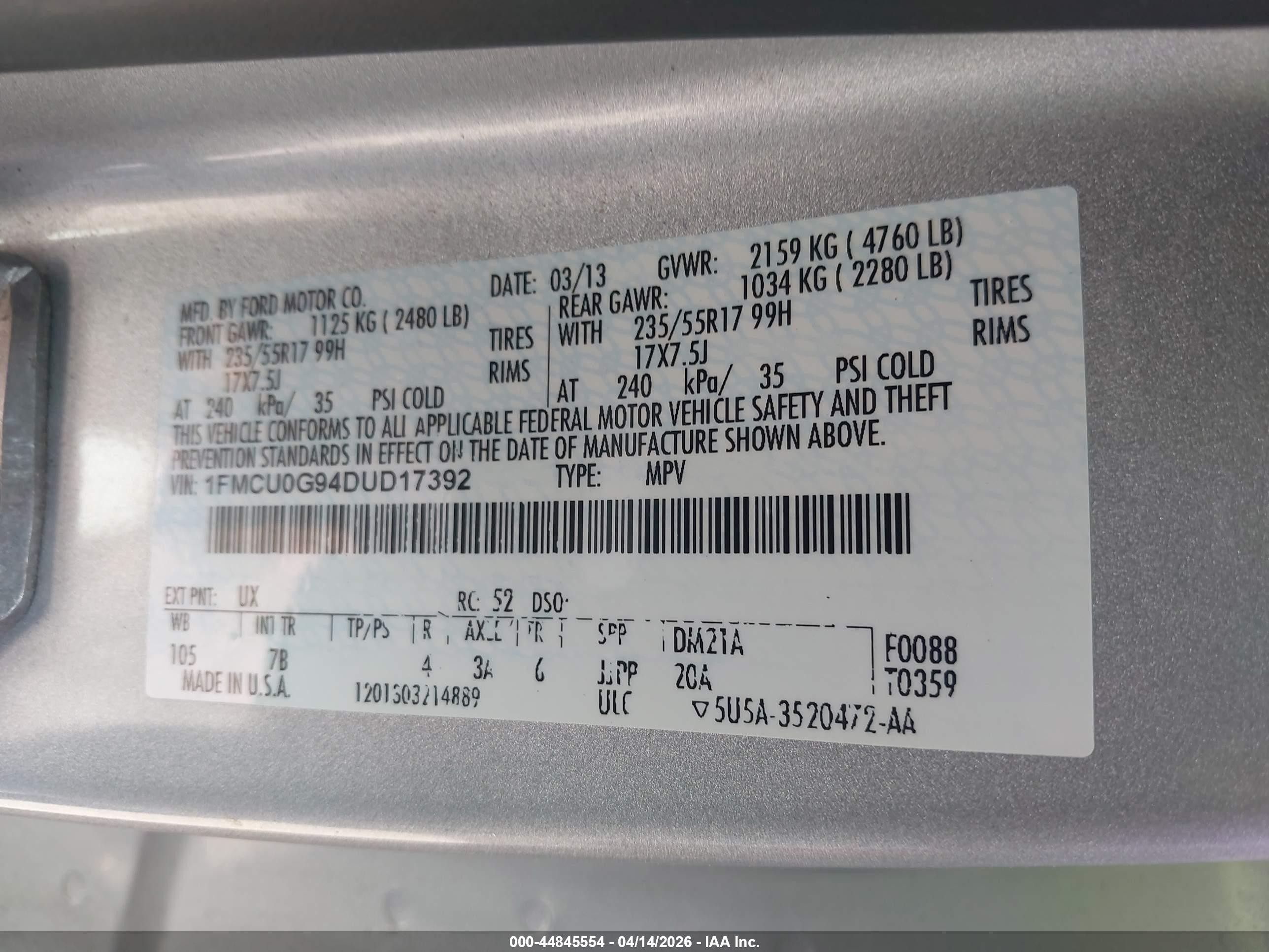2013 Ford Escape Se Silver vin: 1FMCU0G94DUD17392
