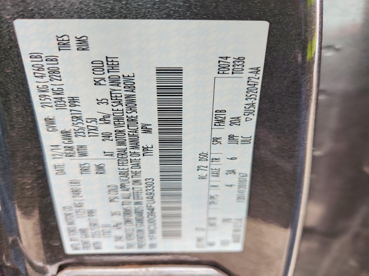 2015 Ford Escape Se Серый vin: 1FMCU0G94FUA93303