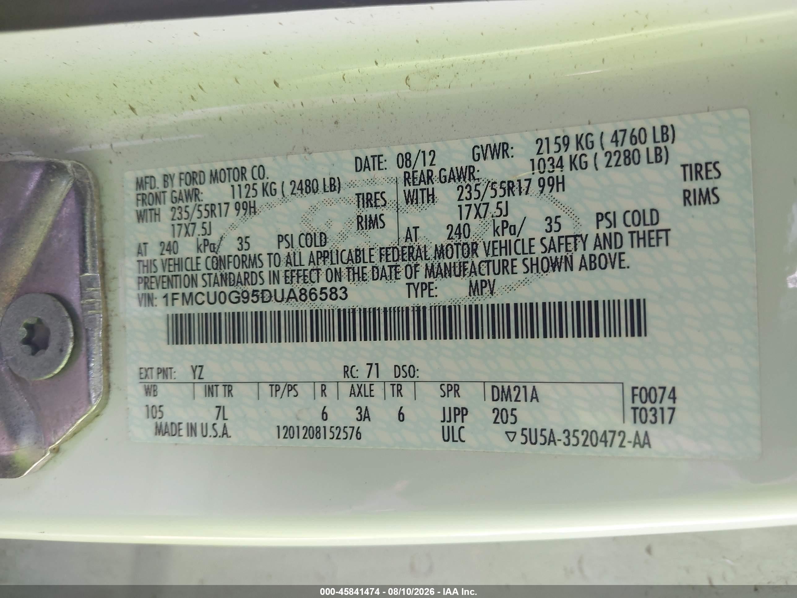 2013 Ford Escape Se White vin: 1FMCU0G95DUA86583