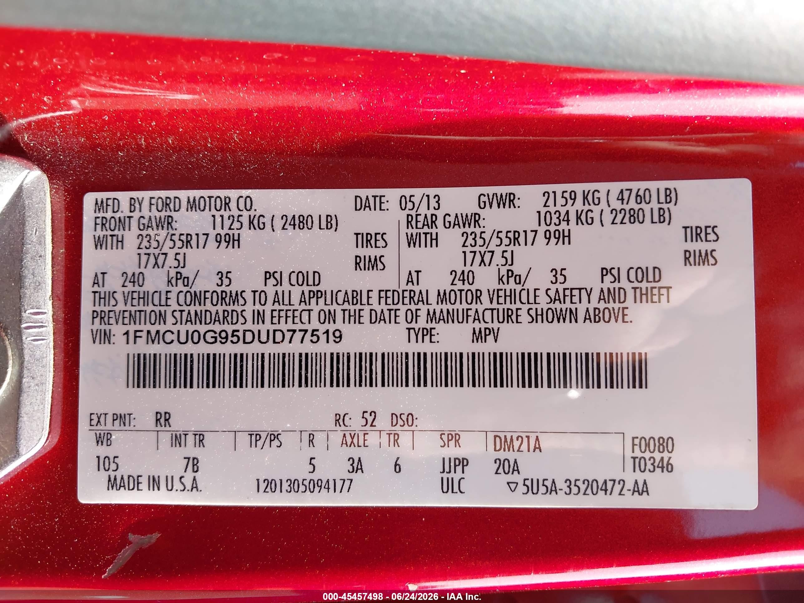 2013 Ford Escape Se Red vin: 1FMCU0G95DUD77519