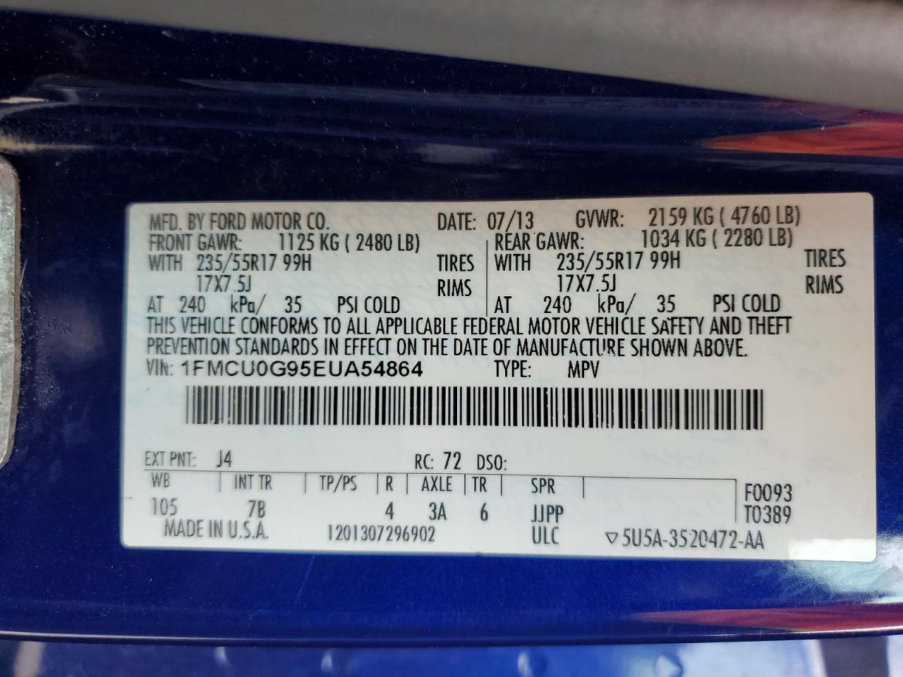 2014 Ford Escape Se Blue vin: 1FMCU0G95EUA54864