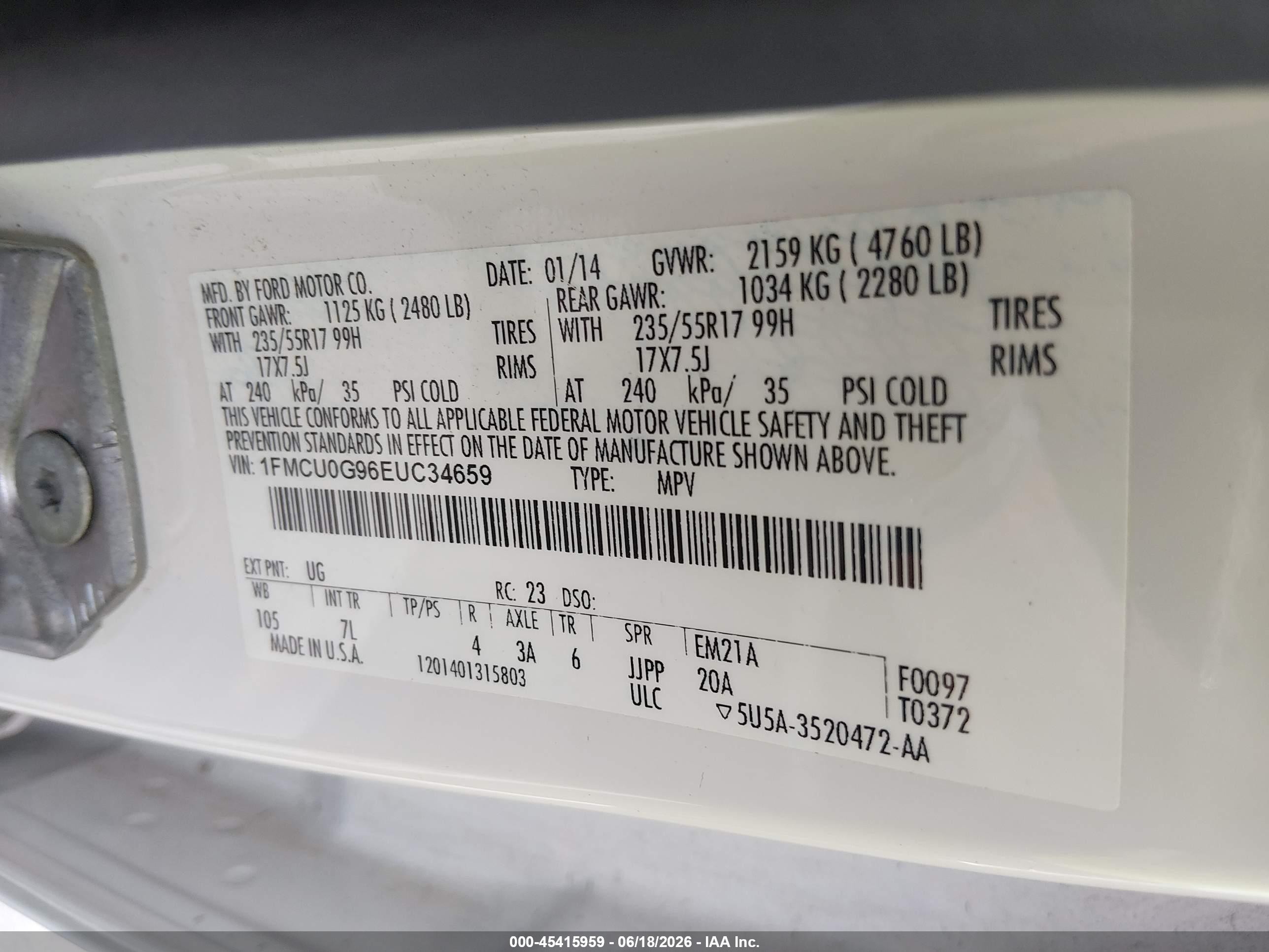 2014 Ford Escape Se White vin: 1FMCU0G96EUC34659