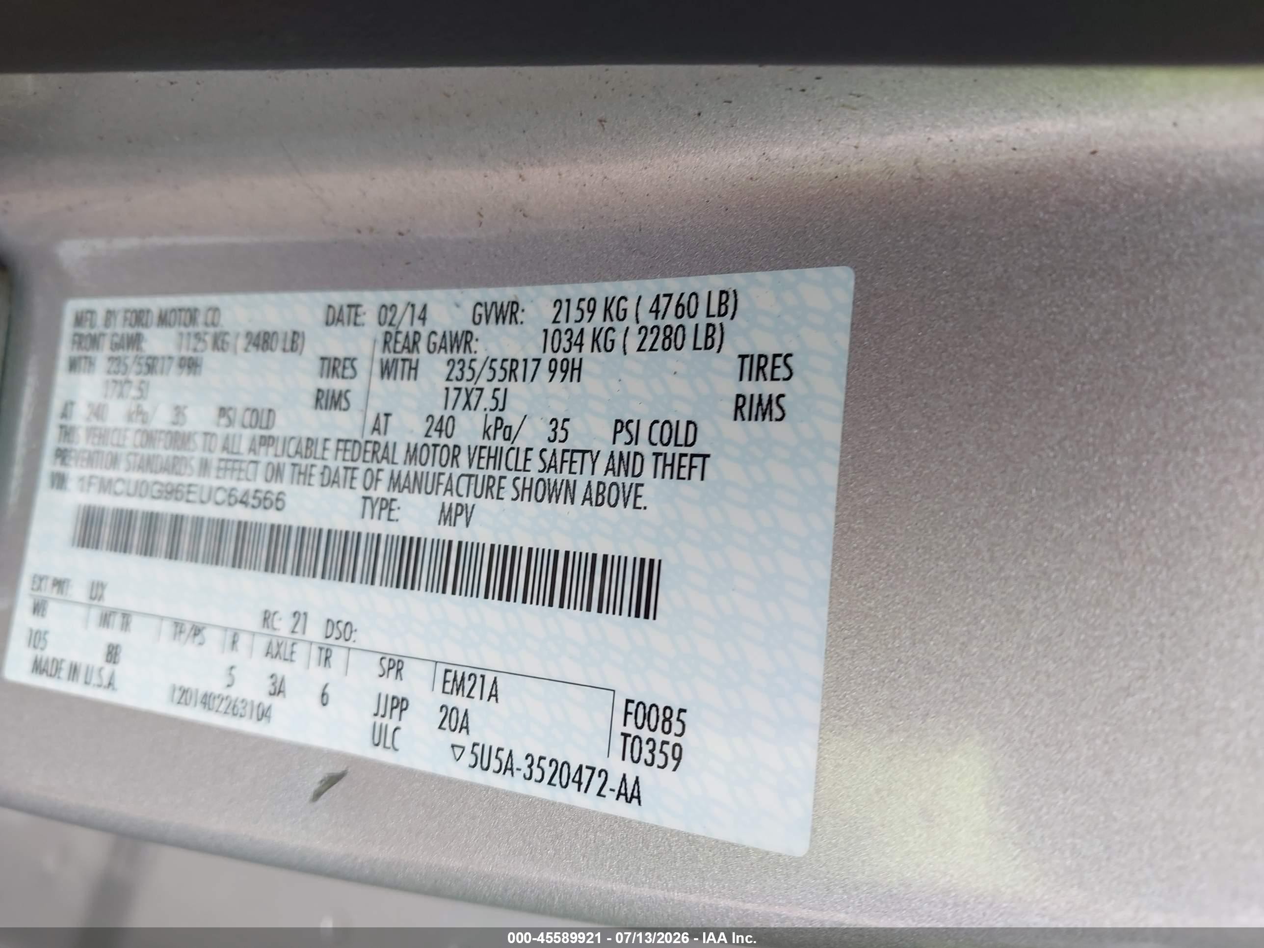 2014 Ford Escape Se Silver vin: 1FMCU0G96EUC64566