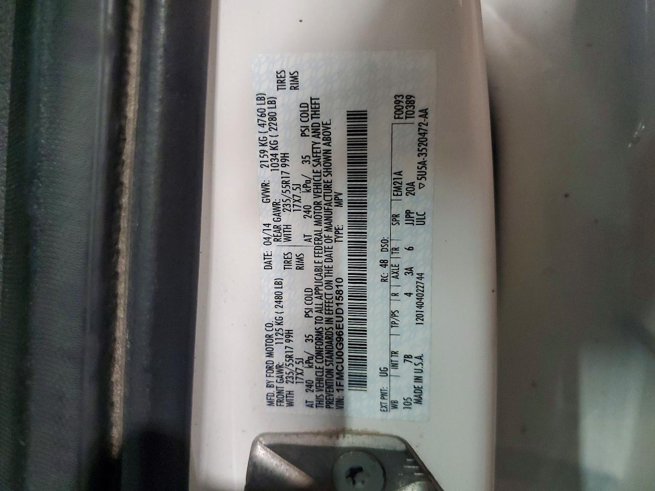 2014 Ford Escape Se White vin: 1FMCU0G96EUD15810
