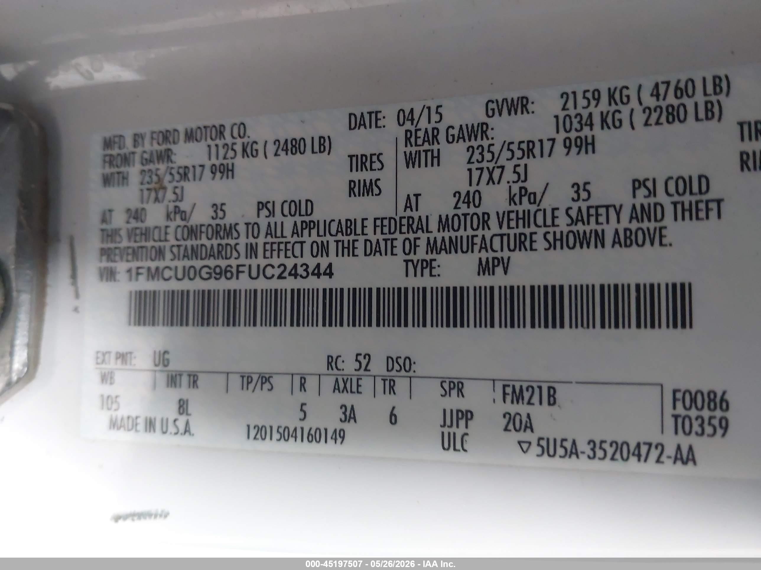 2015 Ford Escape Se Белый vin: 1FMCU0G96FUC24344