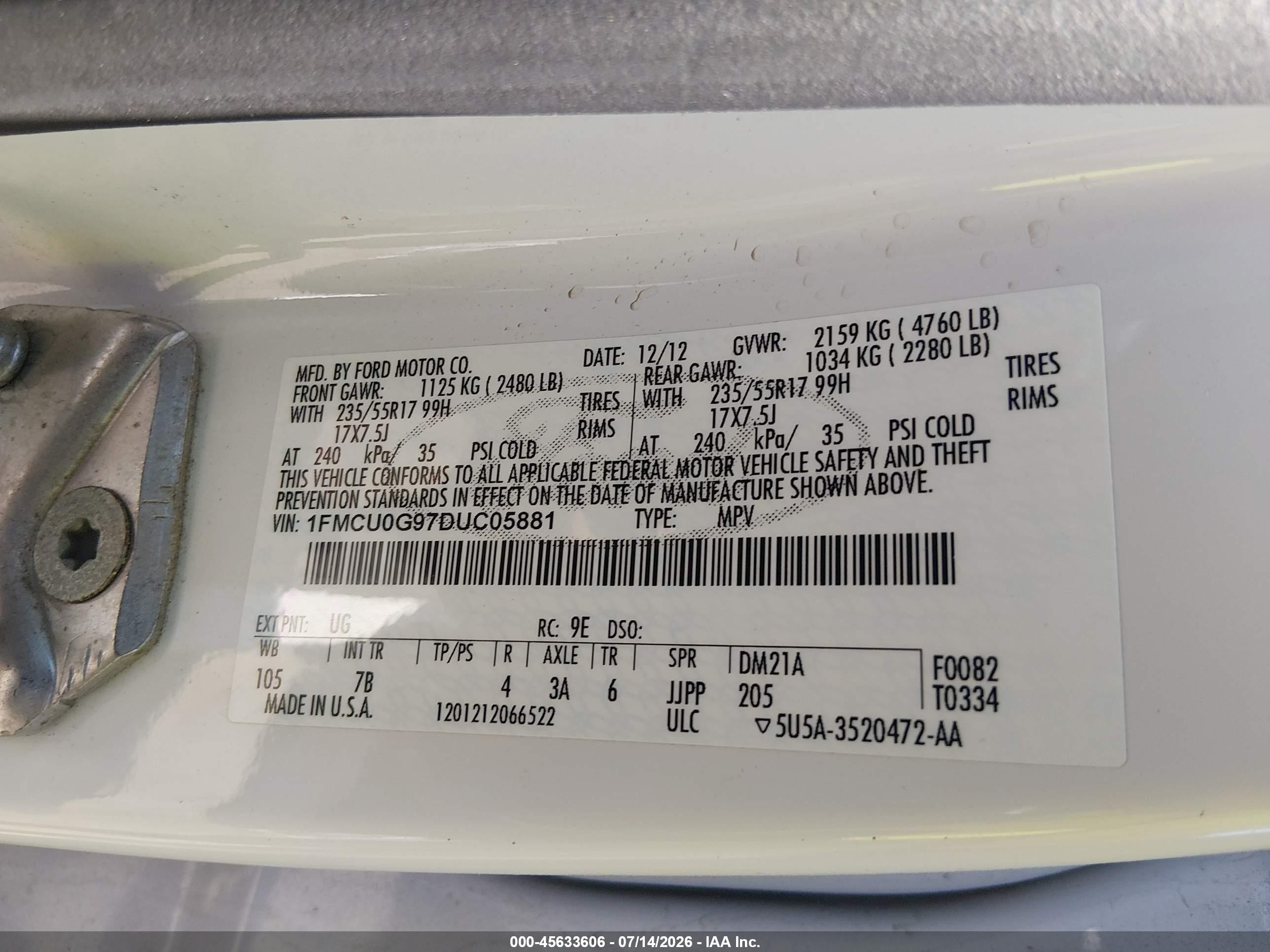 2013 Ford Escape Se Белый vin: 1FMCU0G97DUC05881