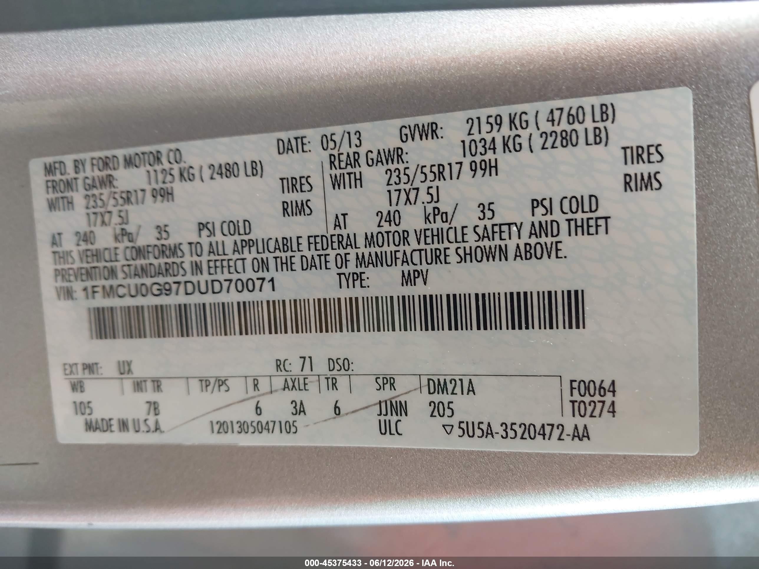 2013 Ford Escape Se Silver vin: 1FMCU0G97DUD70071