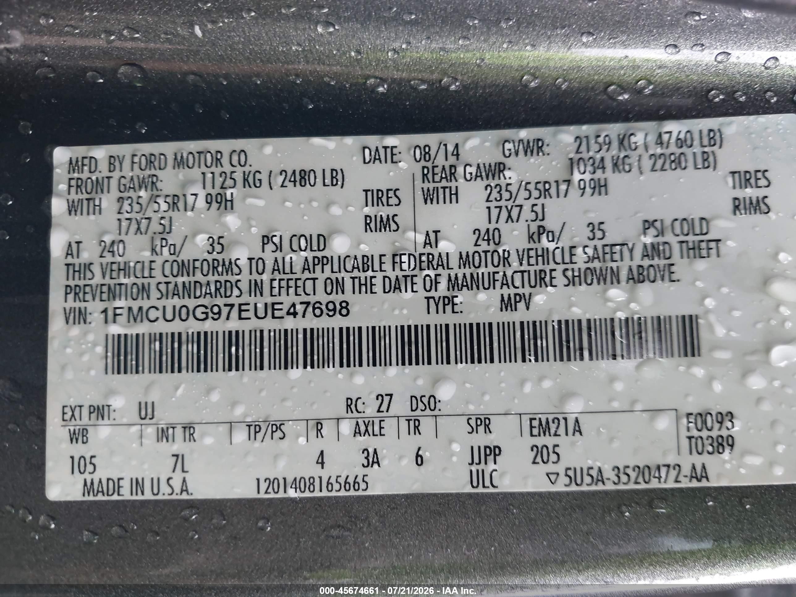 2014 Ford Escape Se Gray vin: 1FMCU0G97EUE47698