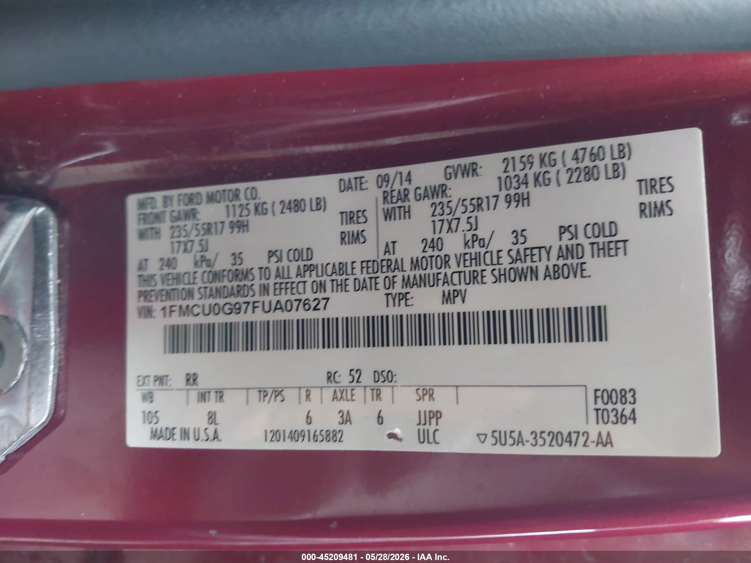 2015 Ford Escape Se Red vin: 1FMCU0G97FUA07627