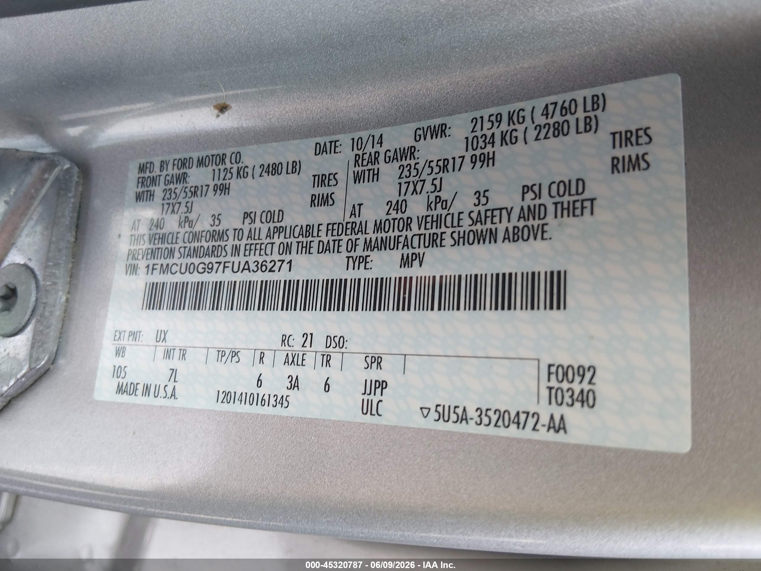 2015 Ford Escape Se Silver vin: 1FMCU0G97FUA36271