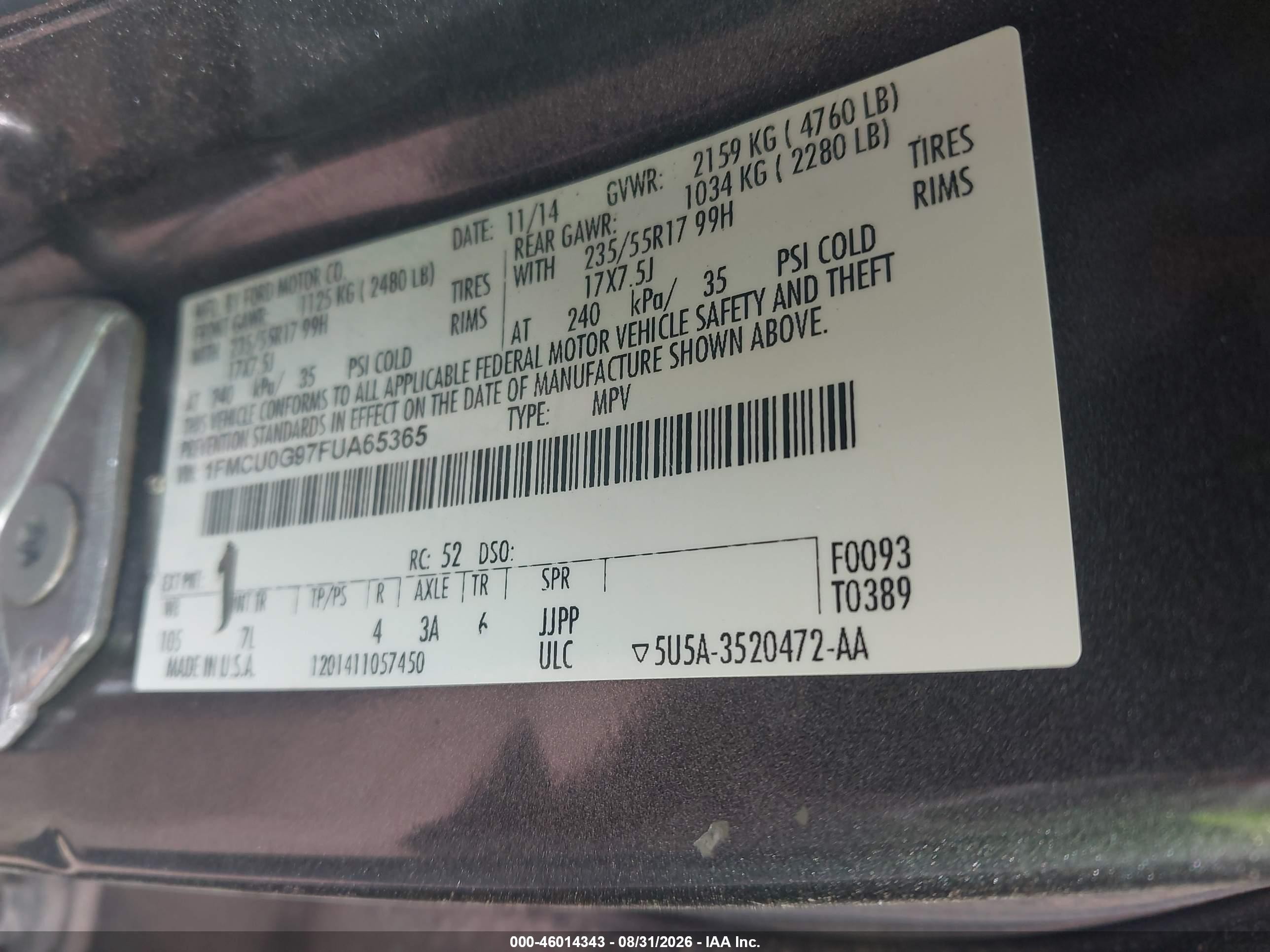 2015 Ford Escape Se Gray vin: 1FMCU0G97FUA65365