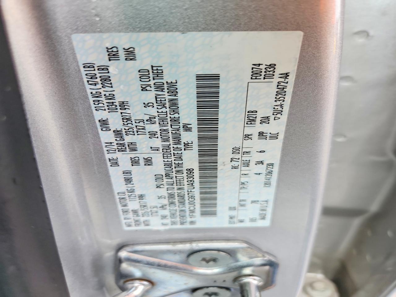 2015 Ford Escape Se Серебряный vin: 1FMCU0G97FUA93098