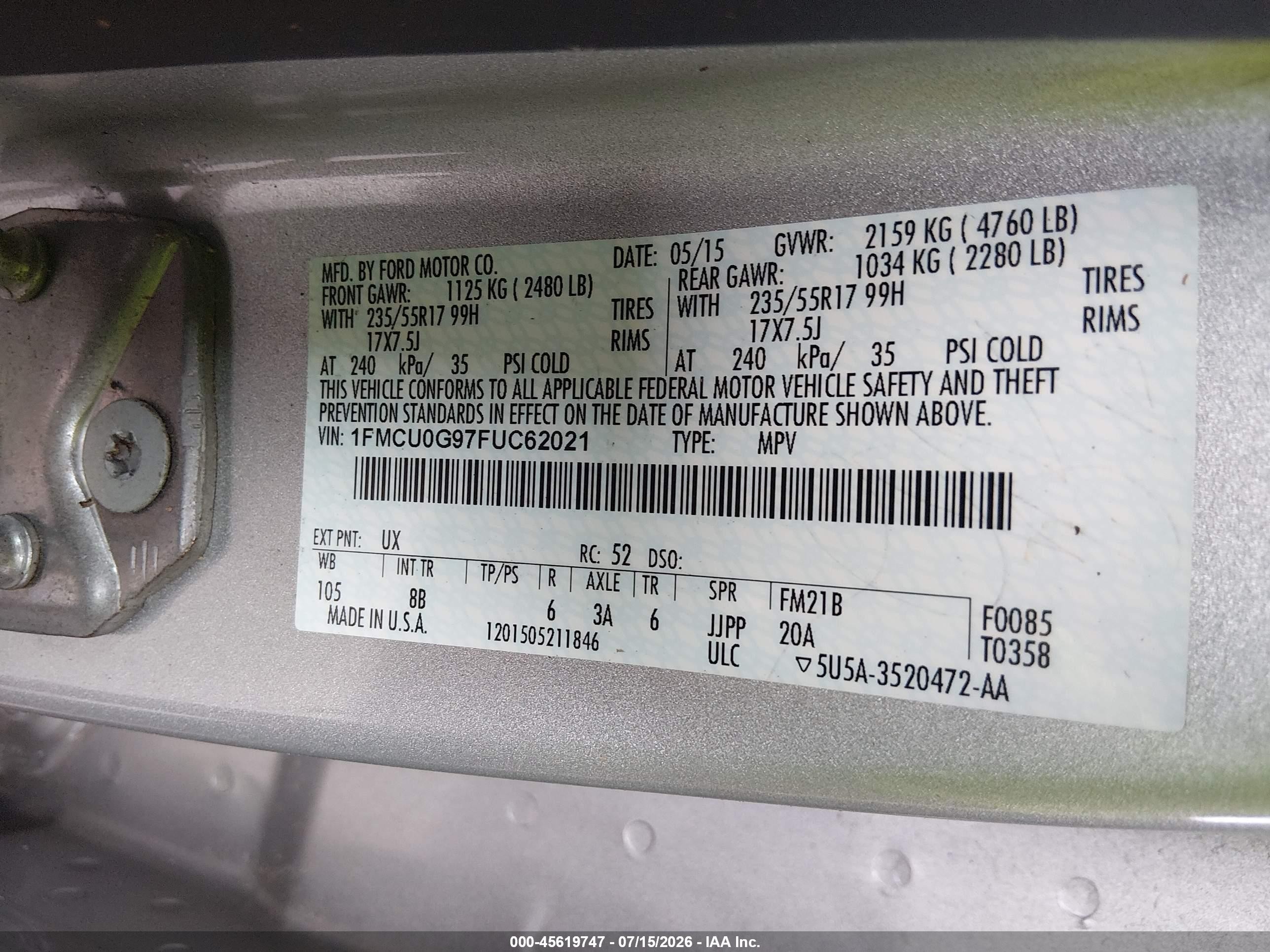 2015 Ford Escape Se Silver vin: 1FMCU0G97FUC62021