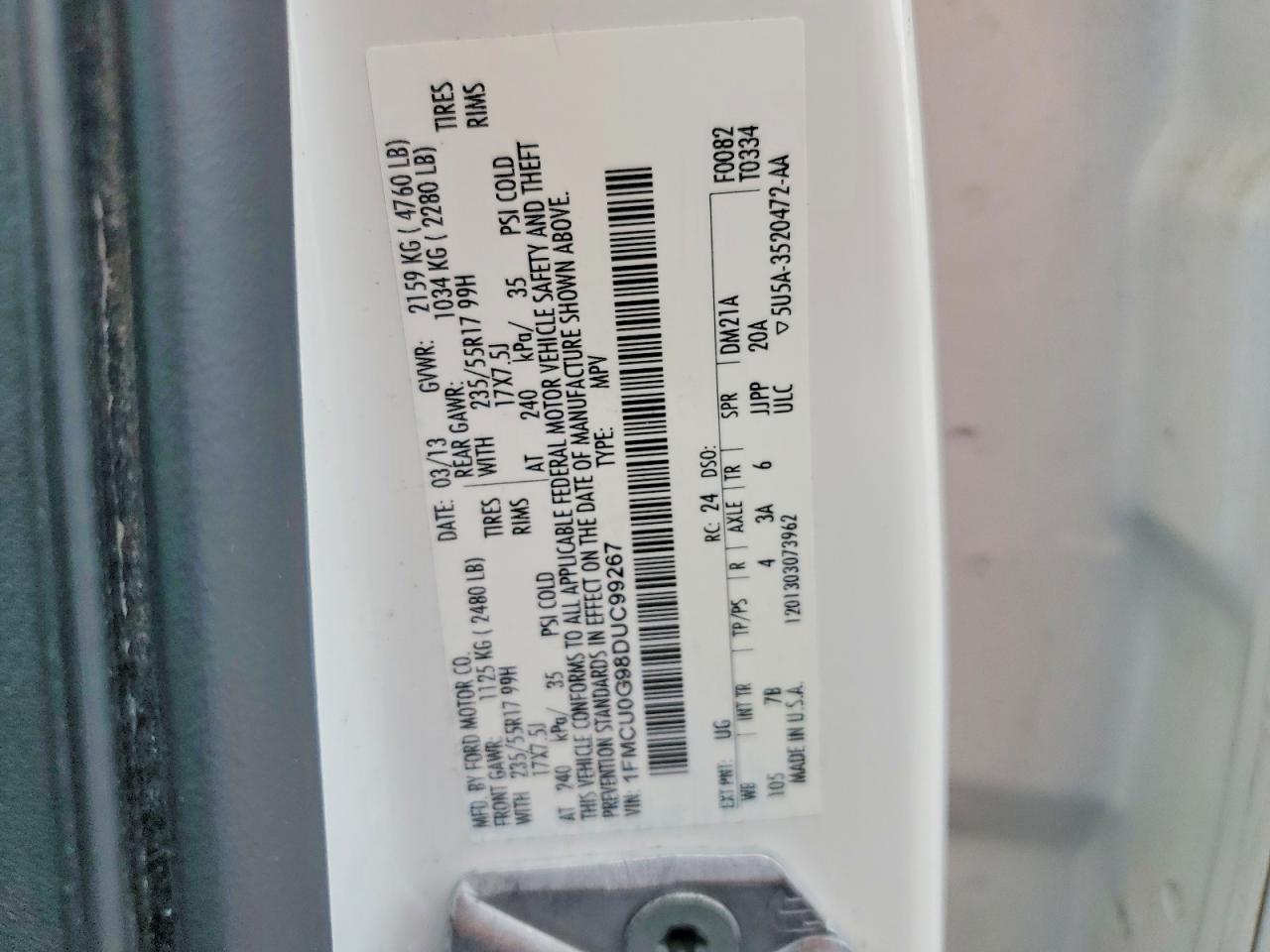 2013 Ford Escape Se White vin: 1FMCU0G98DUC99267