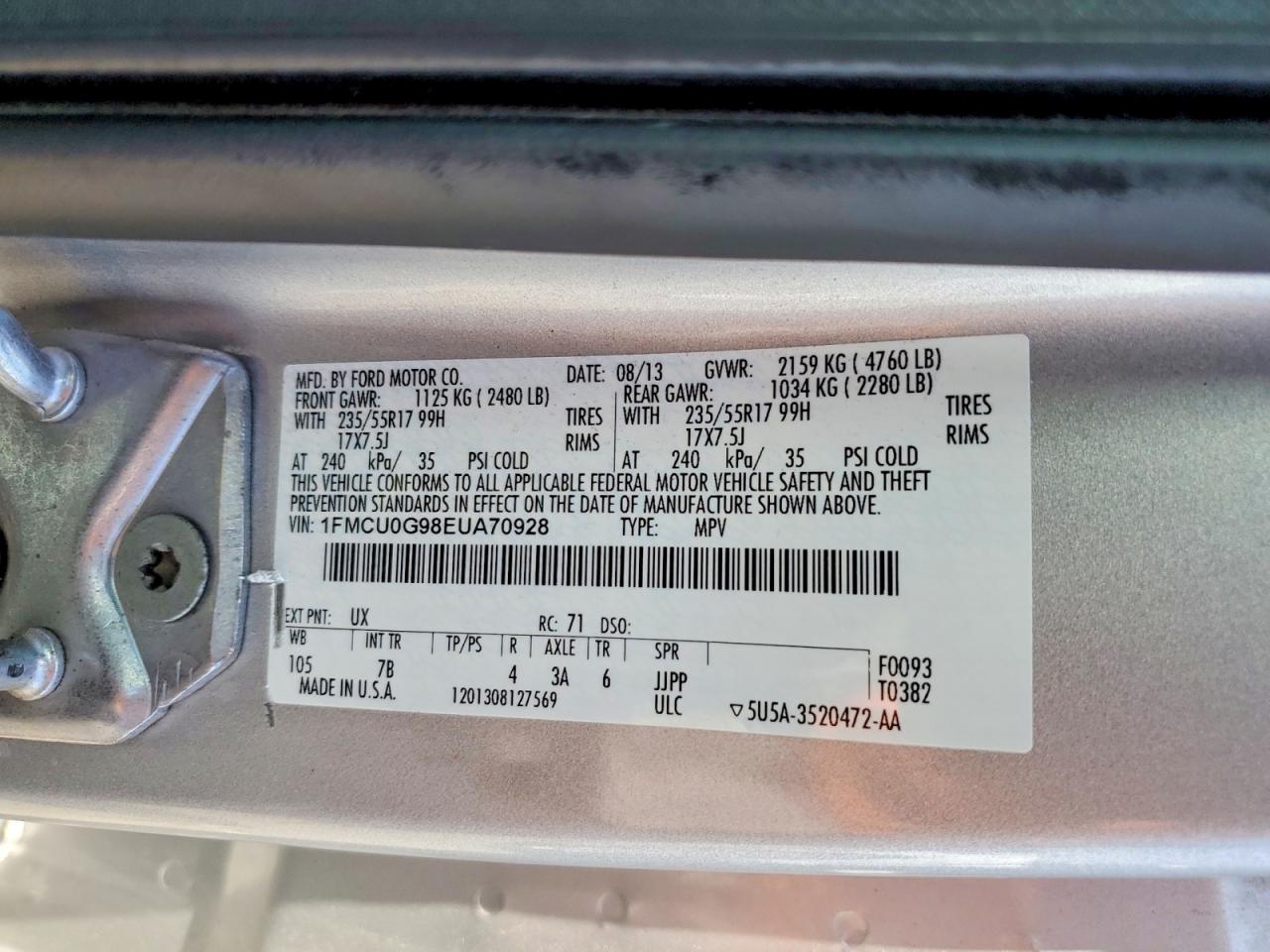 2014 Ford Escape Se Silver vin: 1FMCU0G98EUA70928