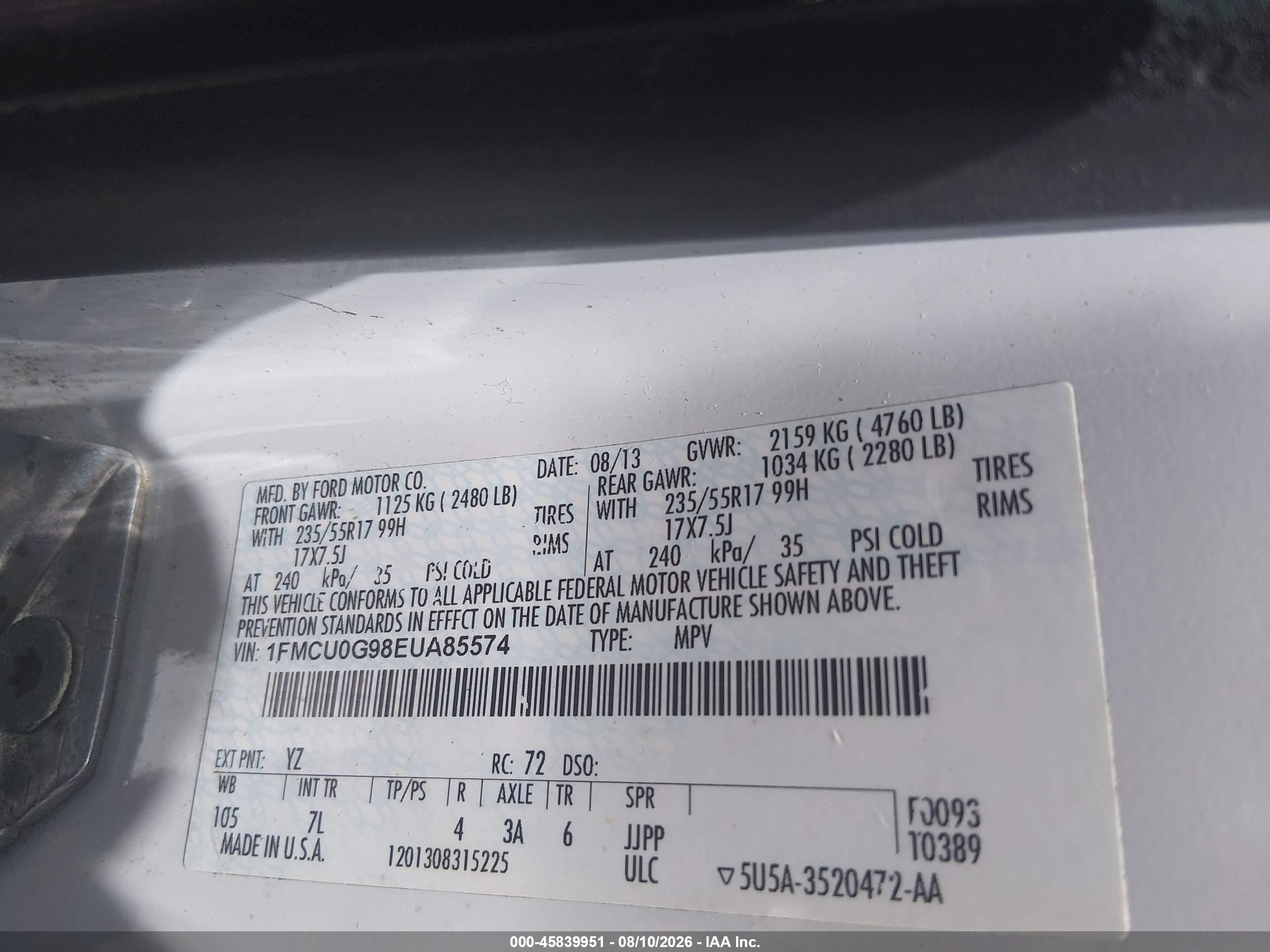 2014 Ford Escape Se White vin: 1FMCU0G98EUA85574