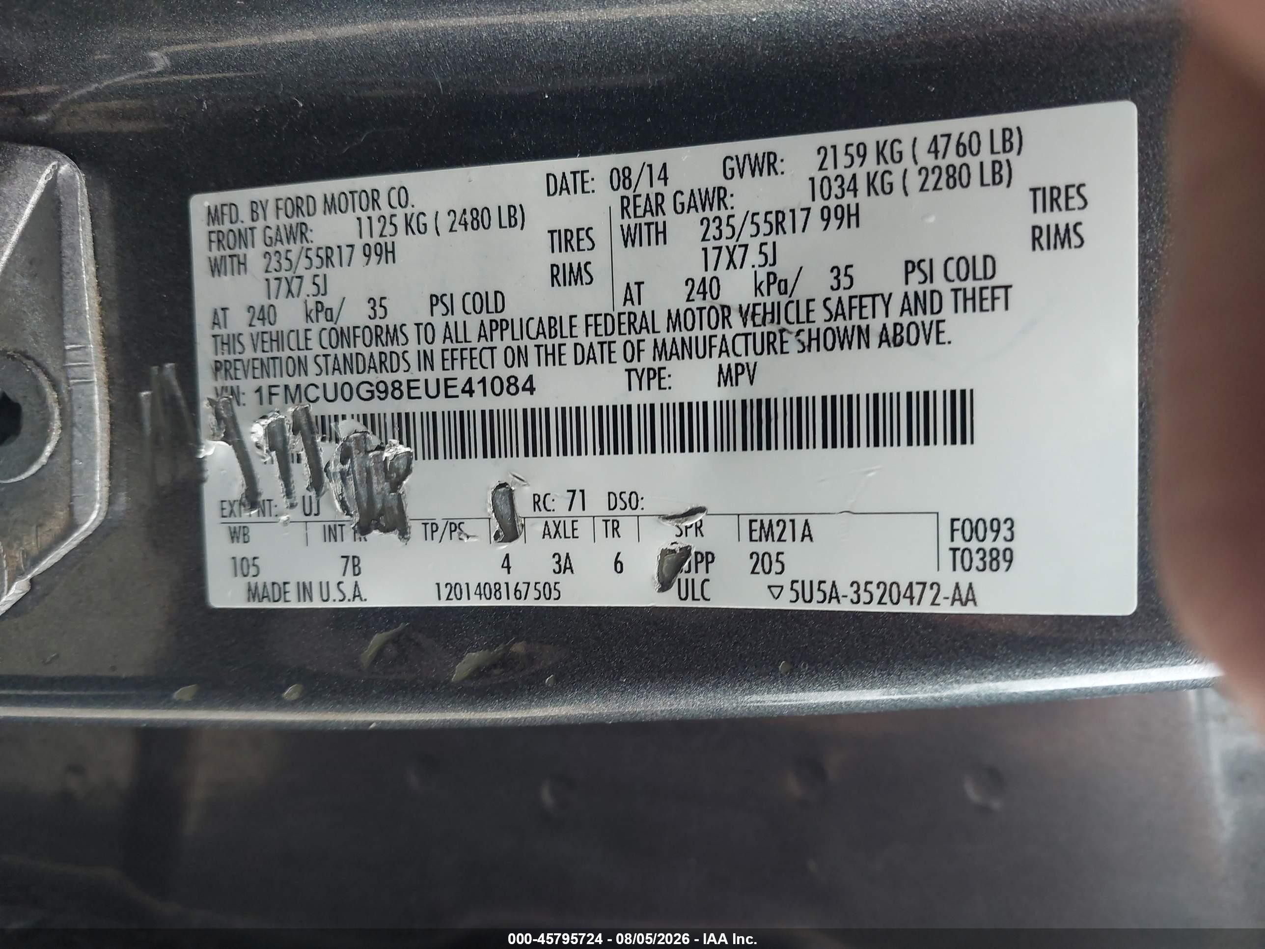 2014 Ford Escape Se Gray vin: 1FMCU0G98EUE41084