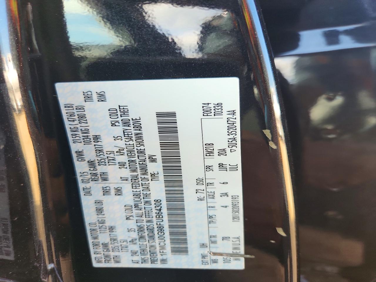 2015 Ford Escape Se Black vin: 1FMCU0G98FUB64308