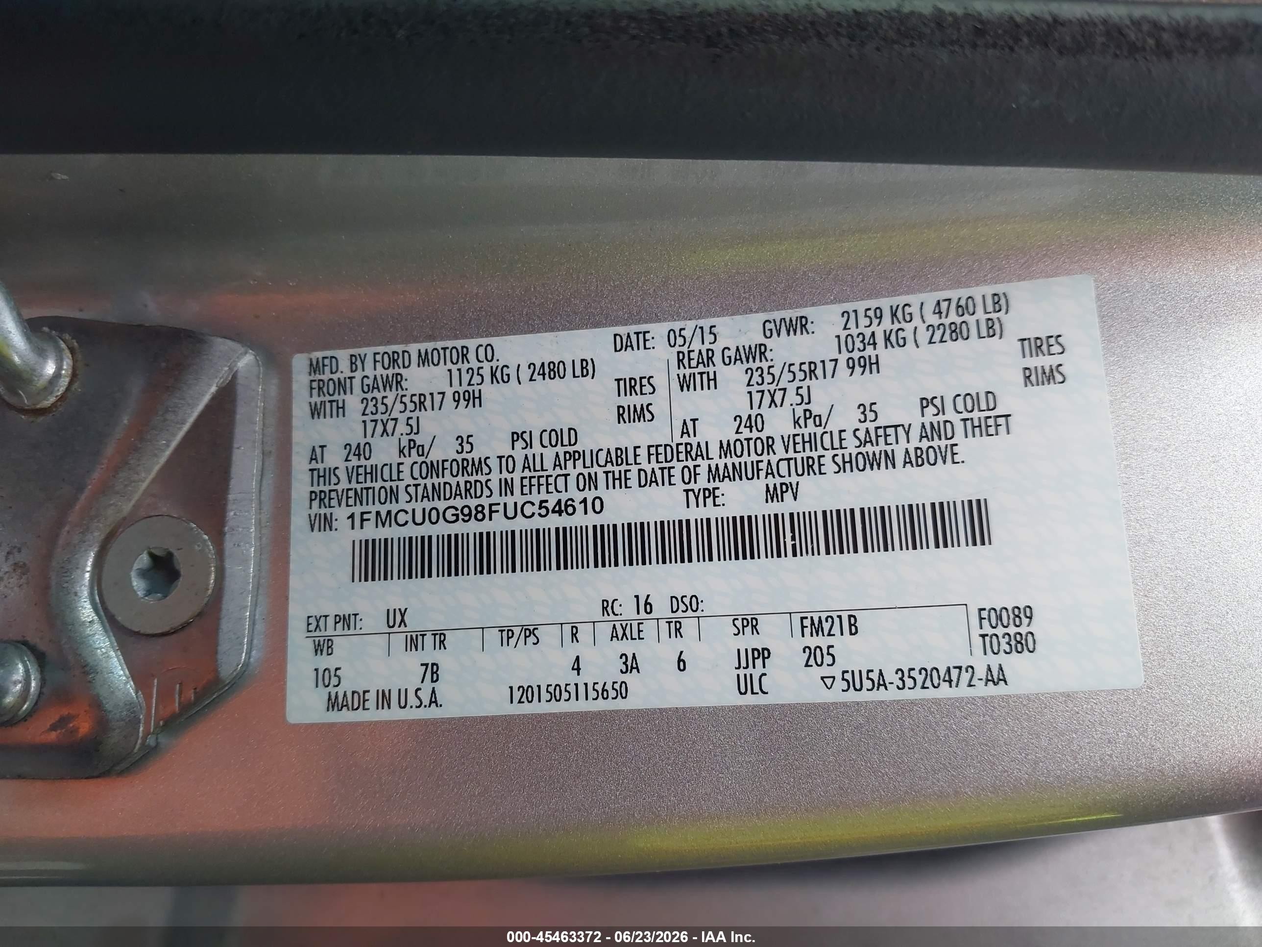 2015 Ford Escape Se Silver vin: 1FMCU0G98FUC54610