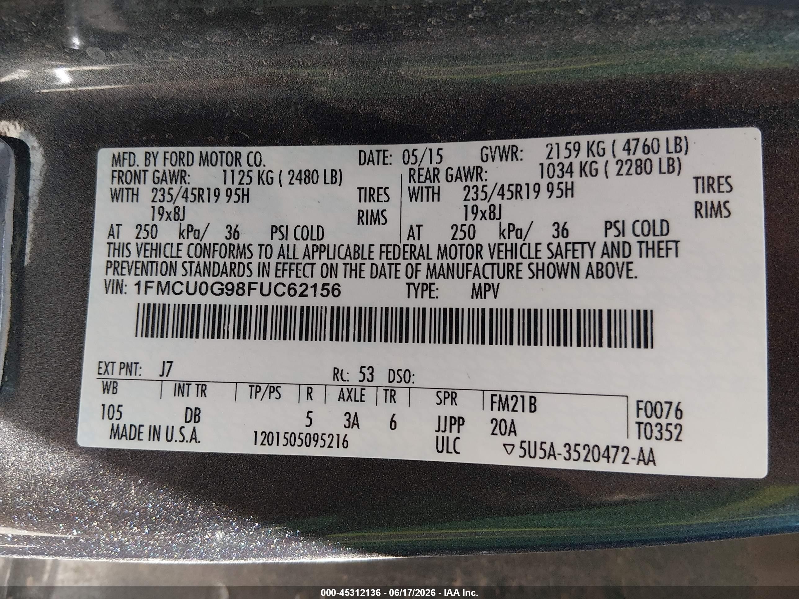 2015 Ford Escape Se Gray vin: 1FMCU0G98FUC62156