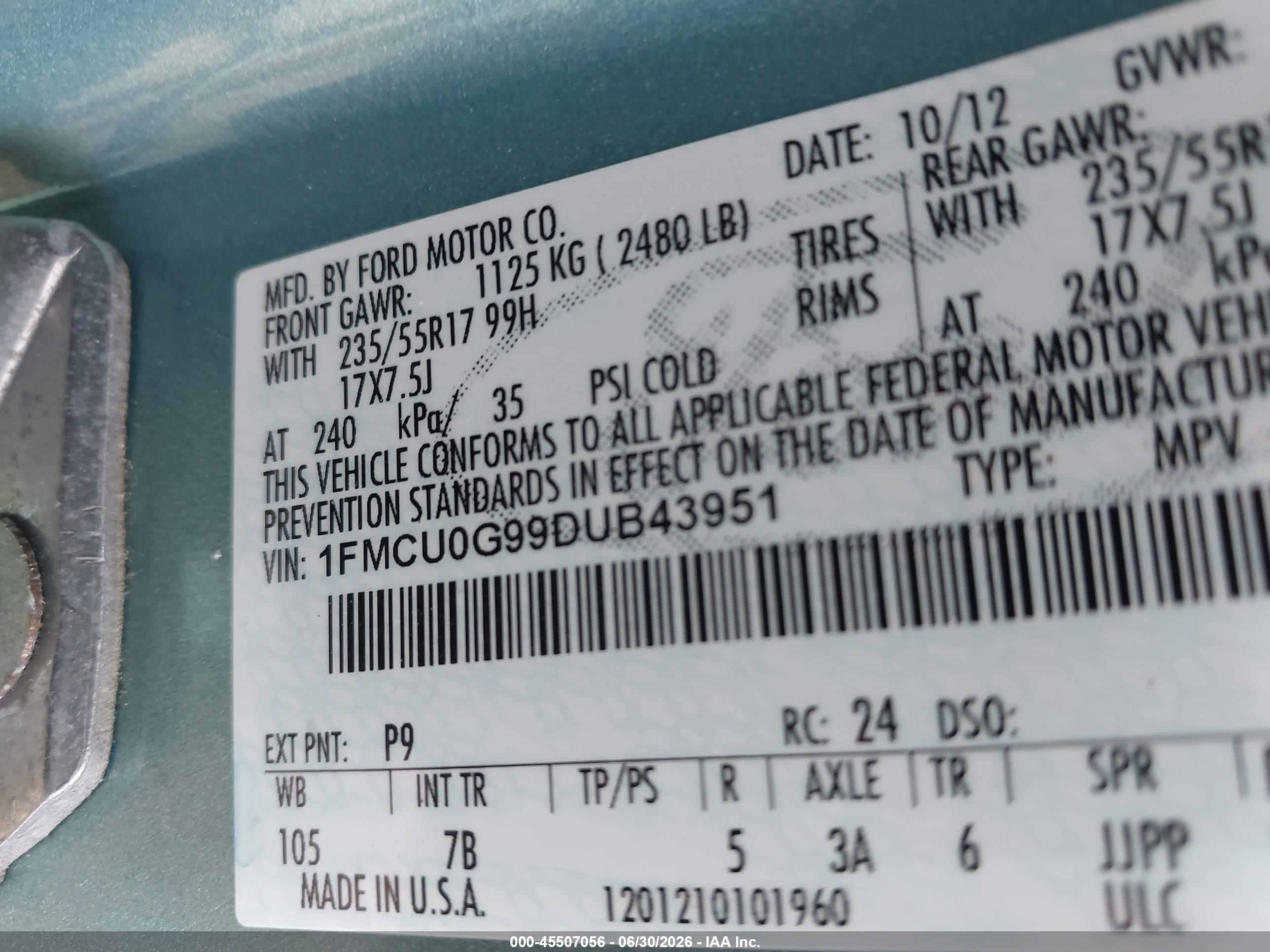 2013 Ford Escape Se Teal vin: 1FMCU0G99DUB43951