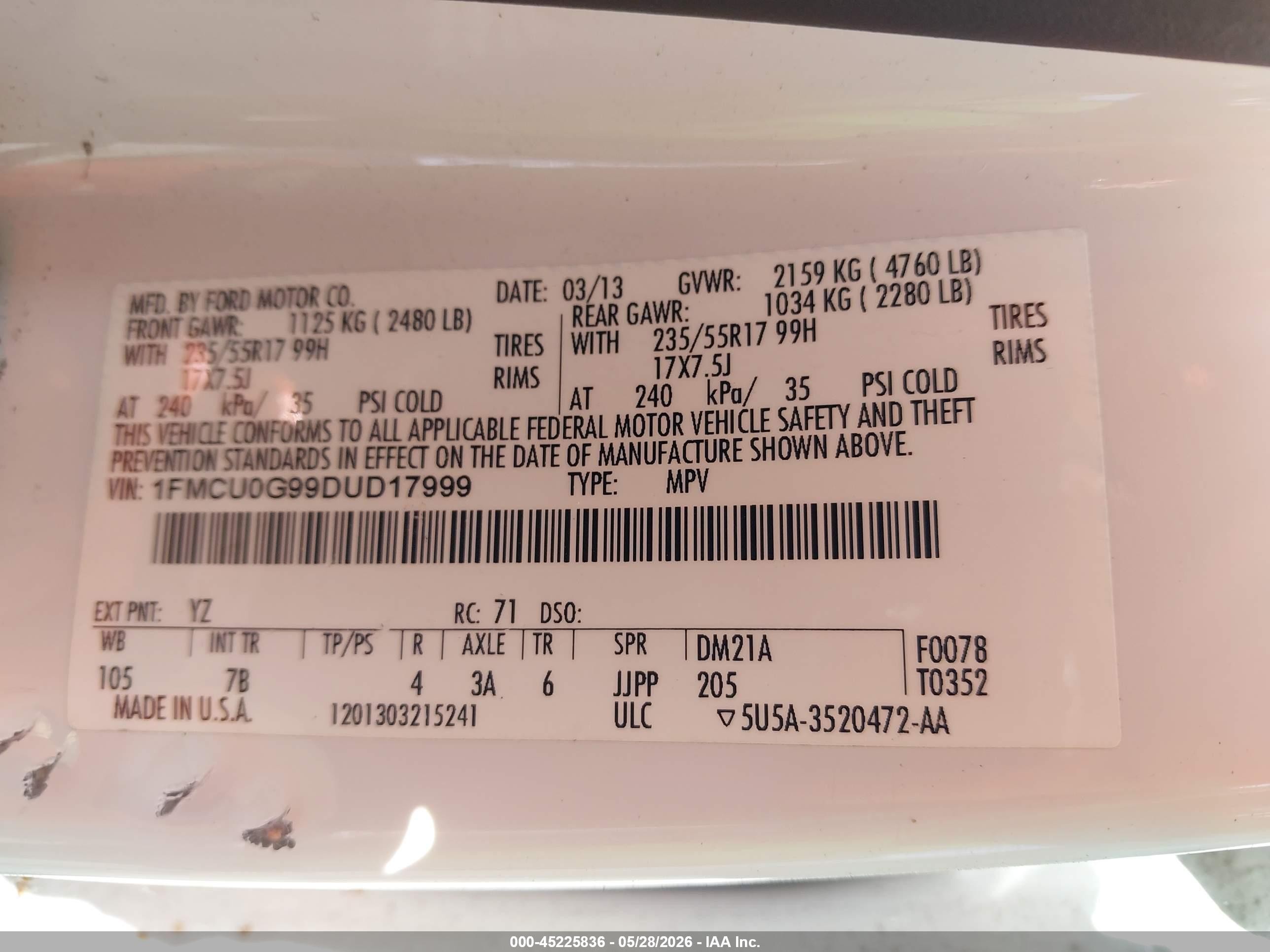 2013 Ford Escape Se Белый vin: 1FMCU0G99DUD17999