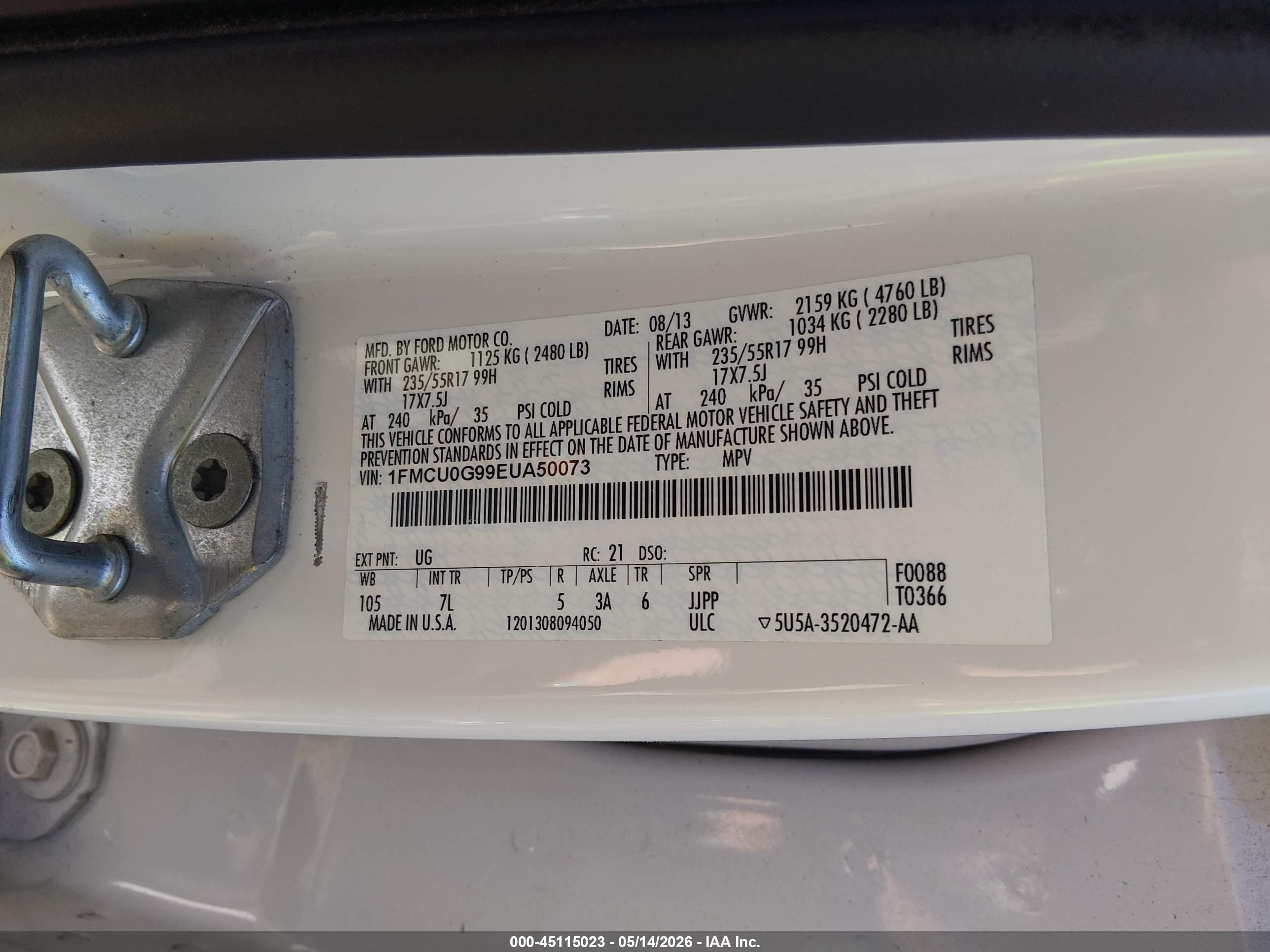 2014 Ford Escape Se White vin: 1FMCU0G99EUA50073