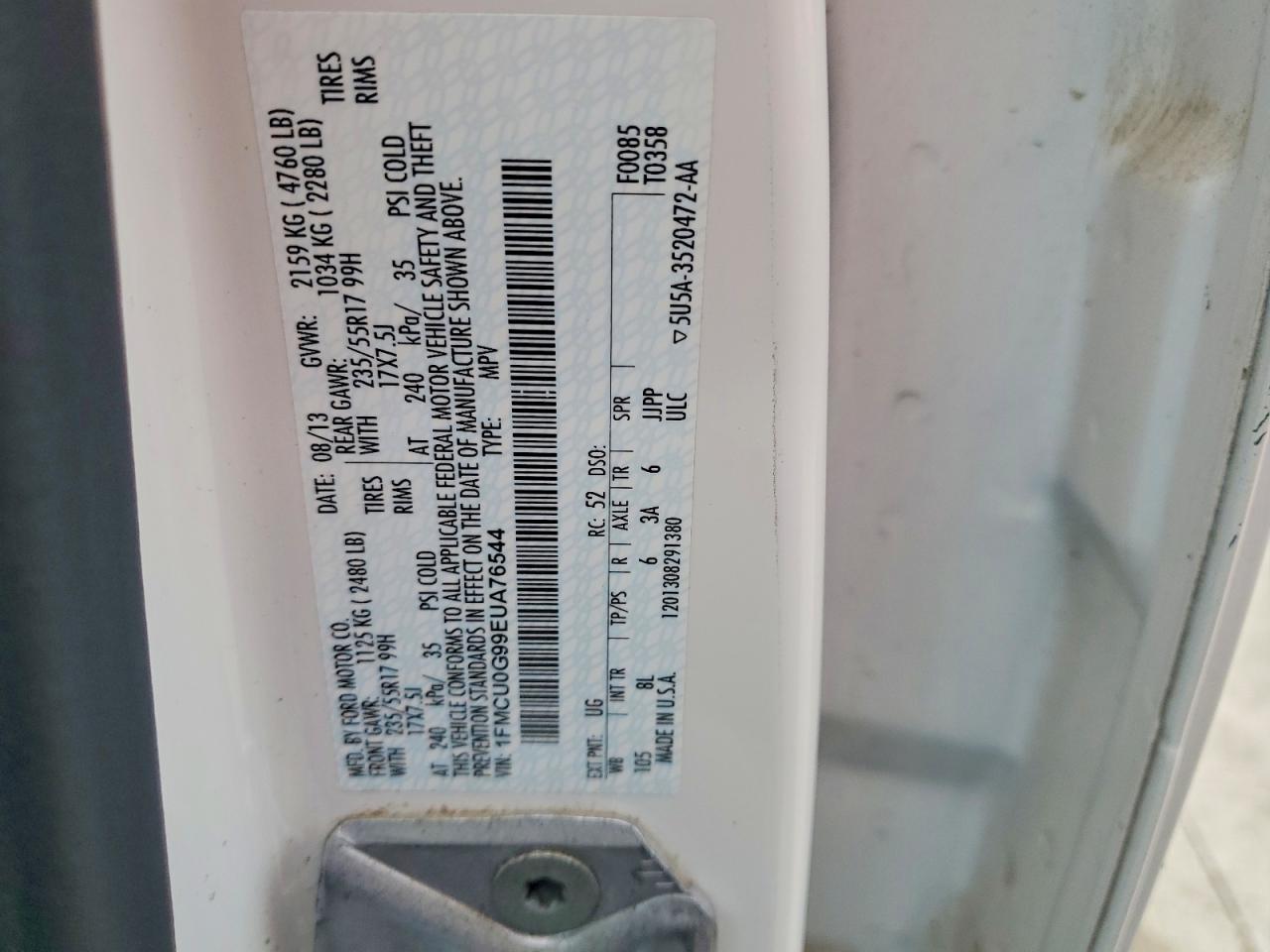 2014 Ford Escape Se White vin: 1FMCU0G99EUA76544