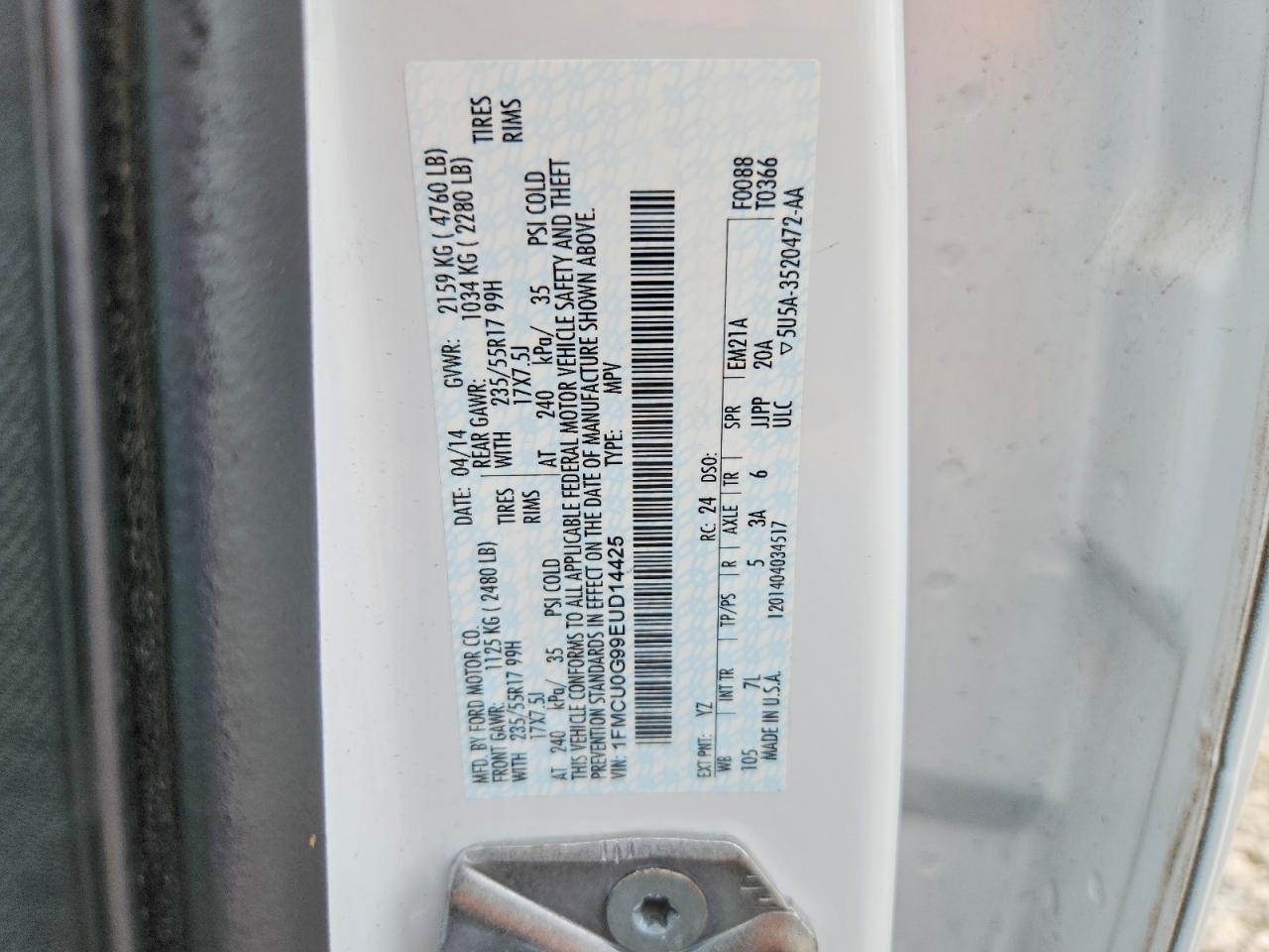 2014 Ford Escape Se White vin: 1FMCU0G99EUD14425