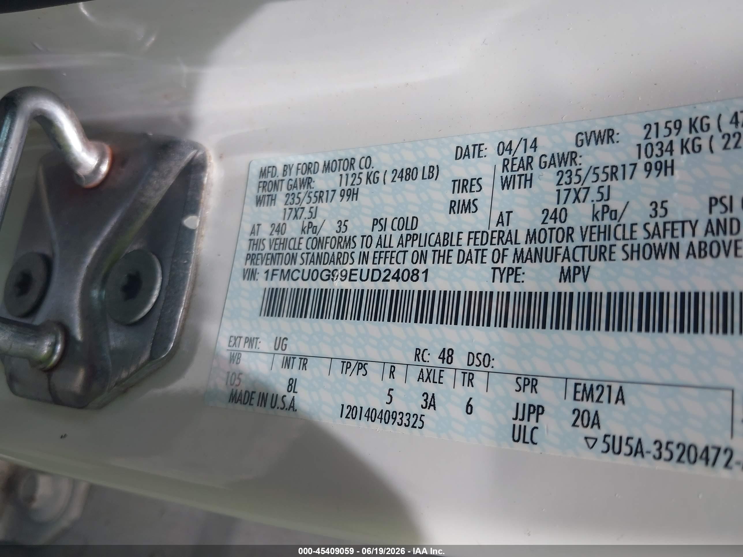 2014 Ford Escape Se White vin: 1FMCU0G99EUD24081