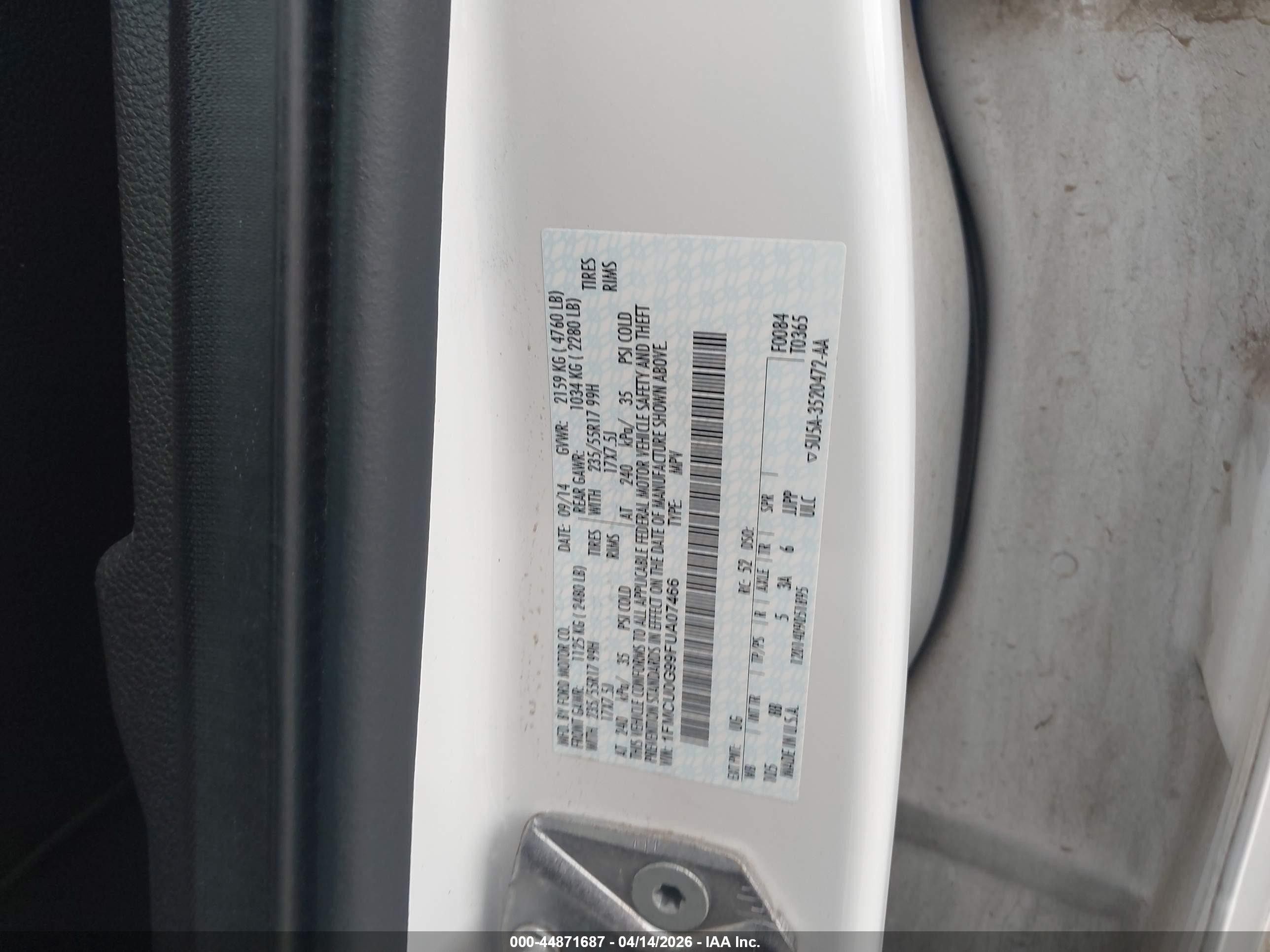 2015 Ford Escape Se White vin: 1FMCU0G99FUA07466