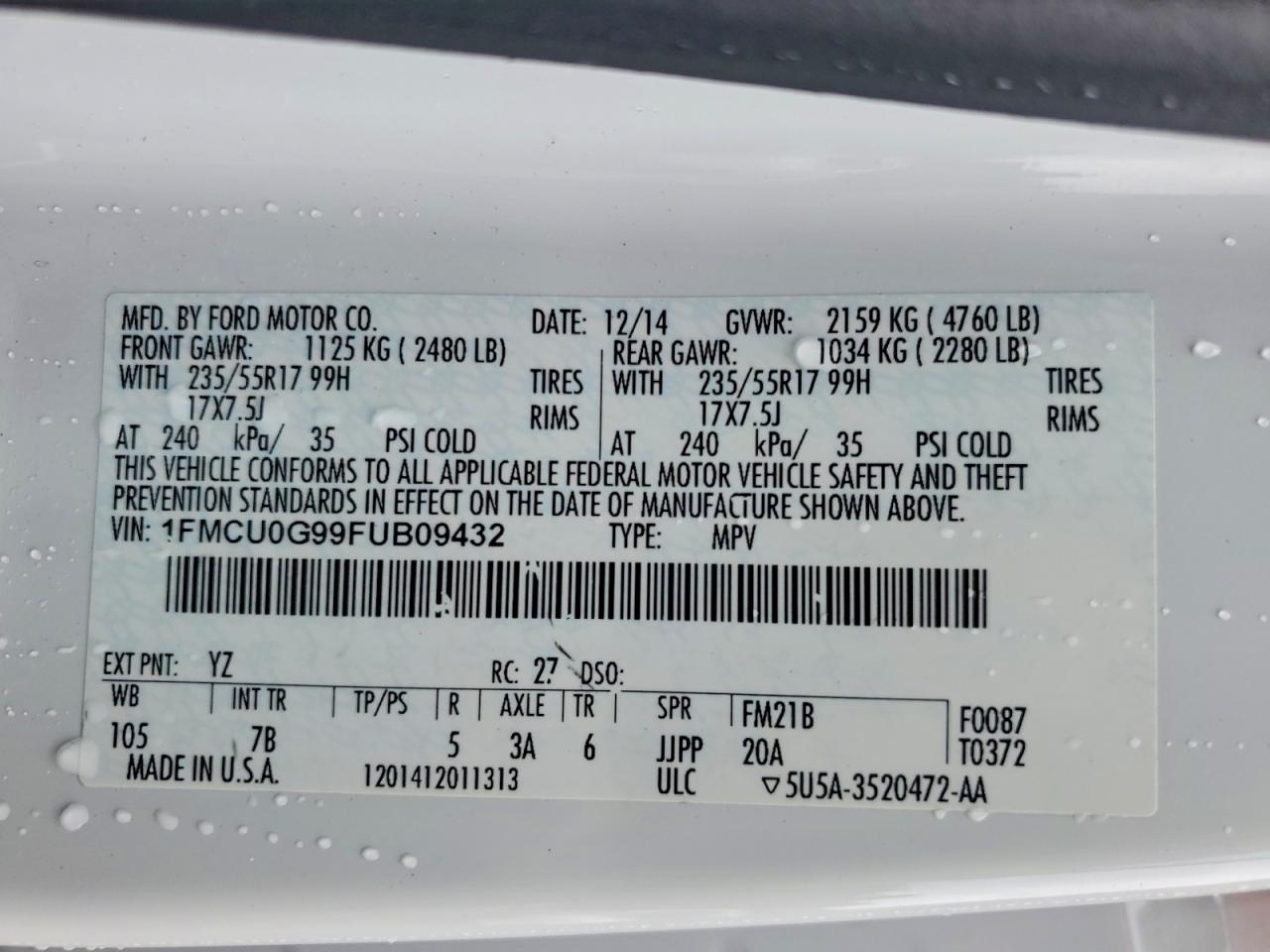 2015 Ford Escape Se White vin: 1FMCU0G99FUB09432