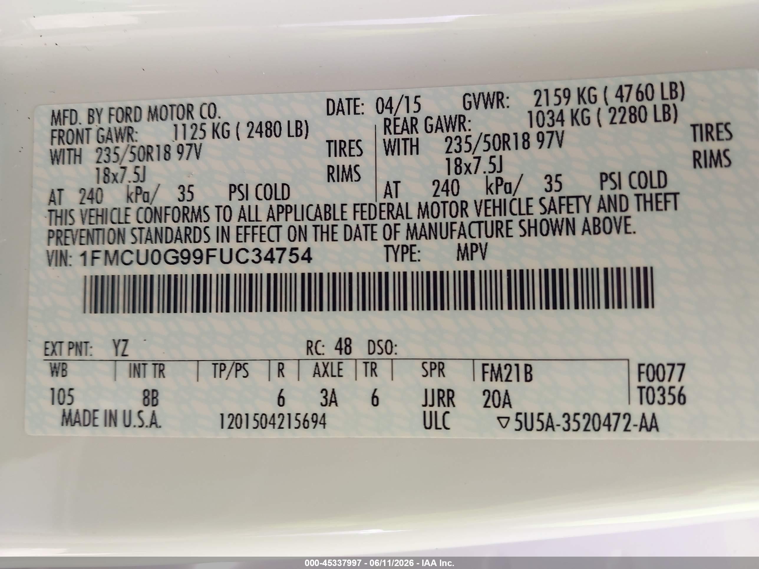2015 Ford Escape Se White vin: 1FMCU0G99FUC34754