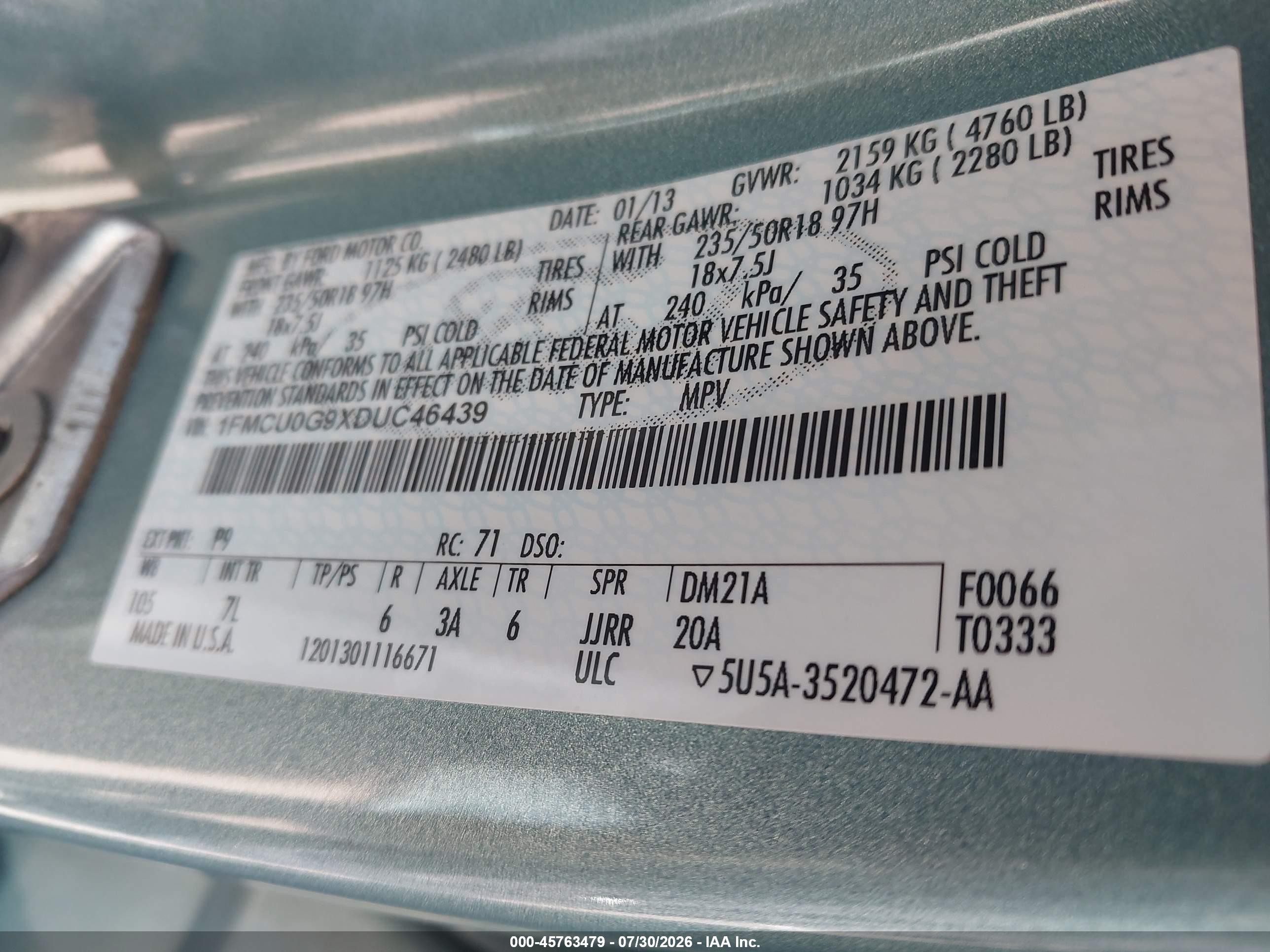 2013 Ford Escape Se Зеленый vin: 1FMCU0G9XDUC46439