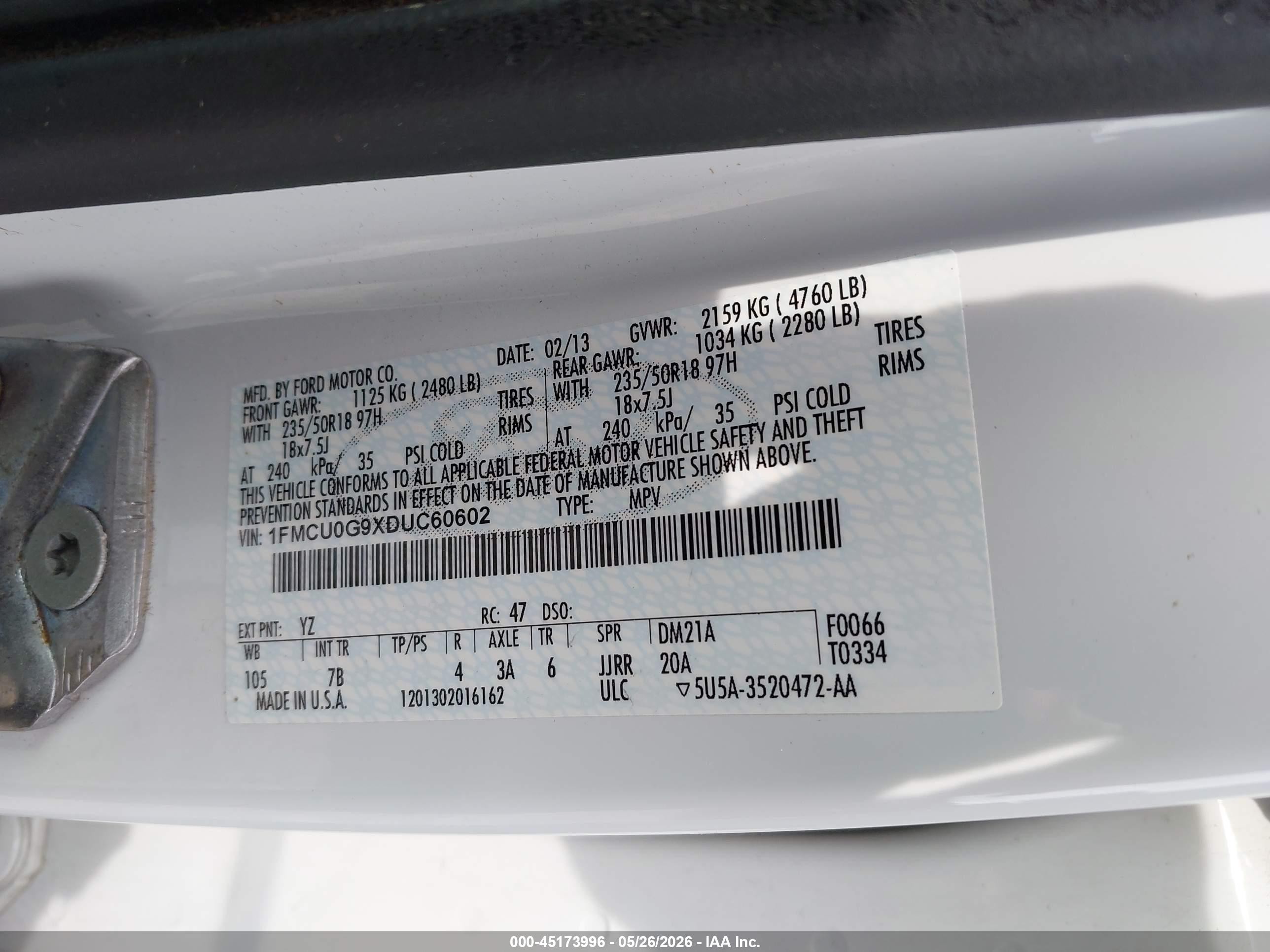 2013 Ford Escape Se White vin: 1FMCU0G9XDUC60602