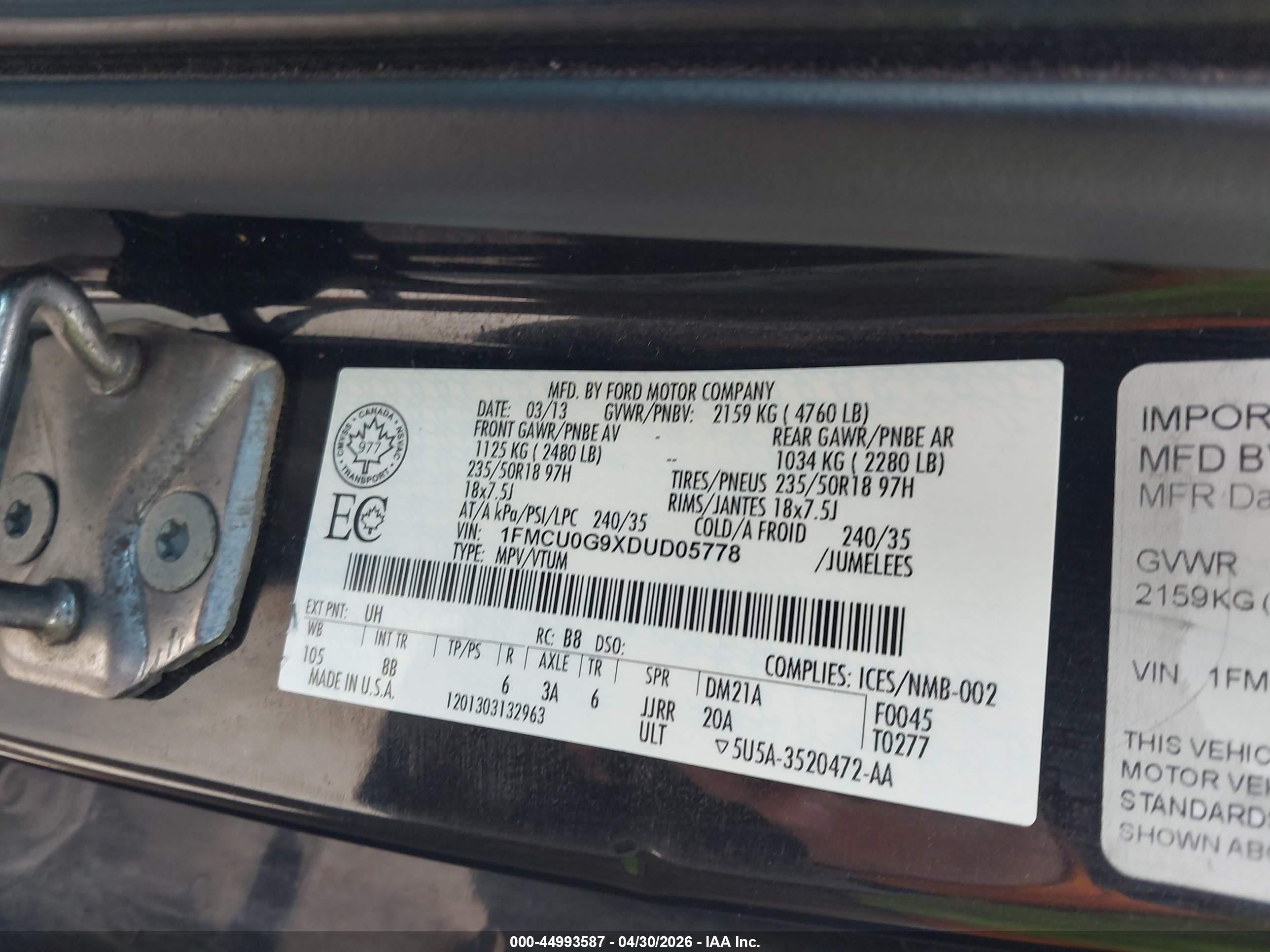 2013 Ford Escape Se Black vin: 1FMCU0G9XDUD05778