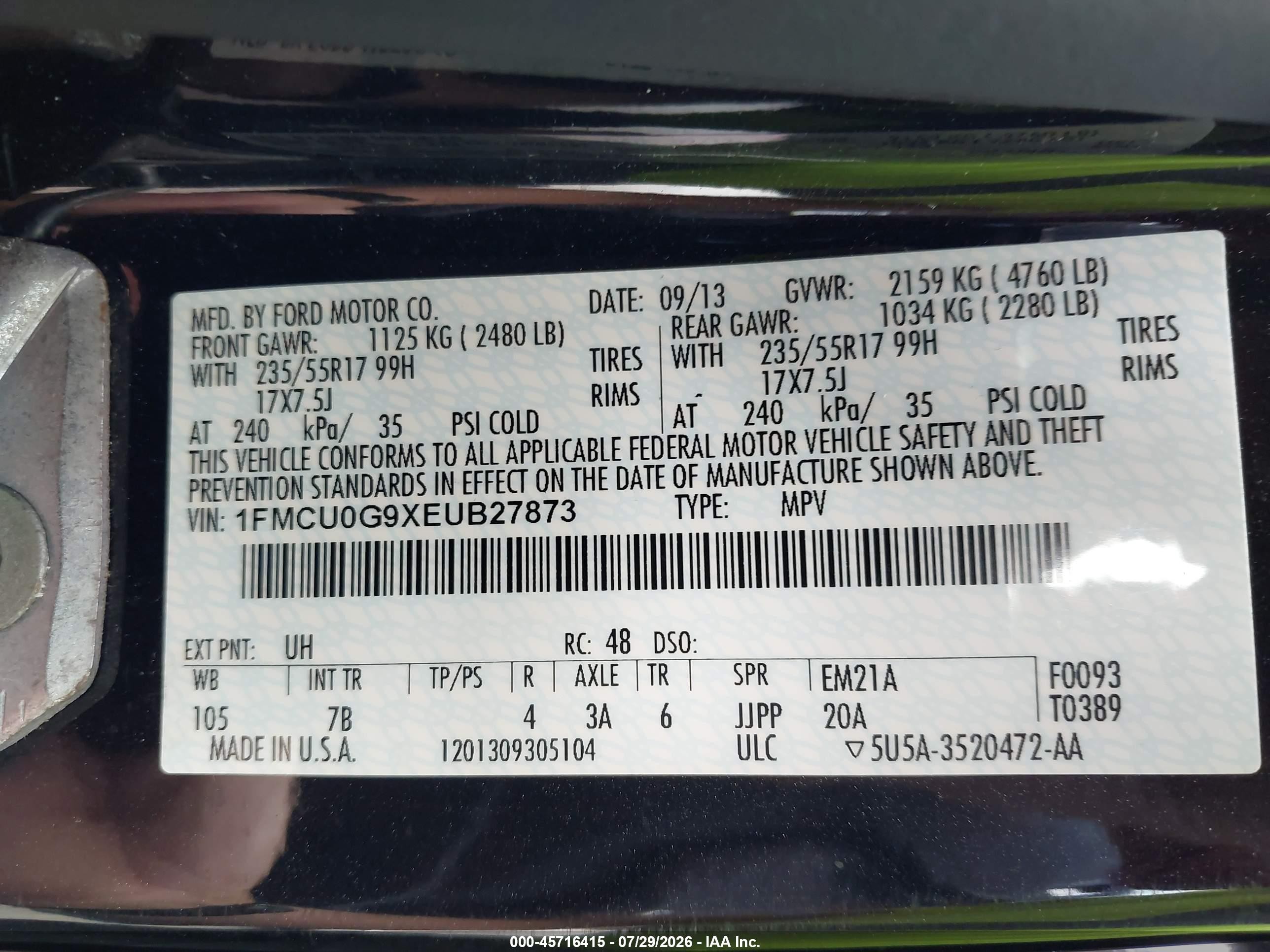 2014 Ford Escape Se Black vin: 1FMCU0G9XEUB27873