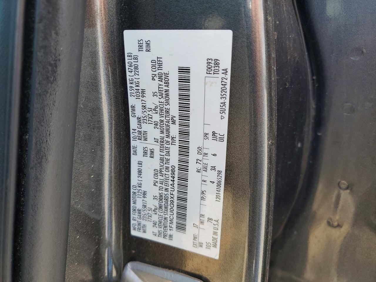 2015 Ford Escape Se Угольный vin: 1FMCU0G9XFUA44980