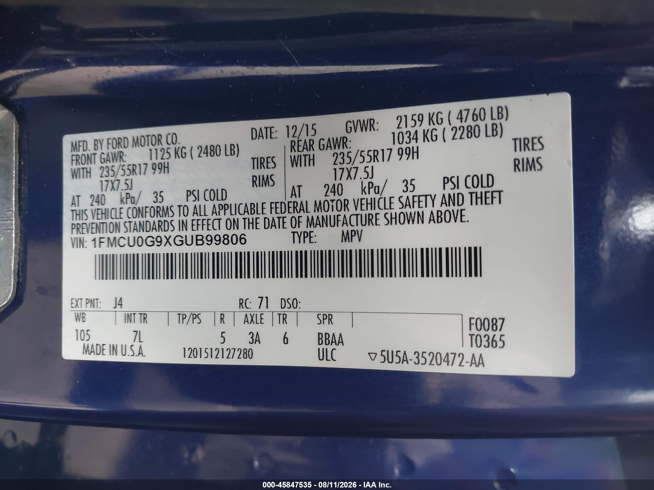 2016 Ford Escape Se Blue vin: 1FMCU0G9XGUB99806