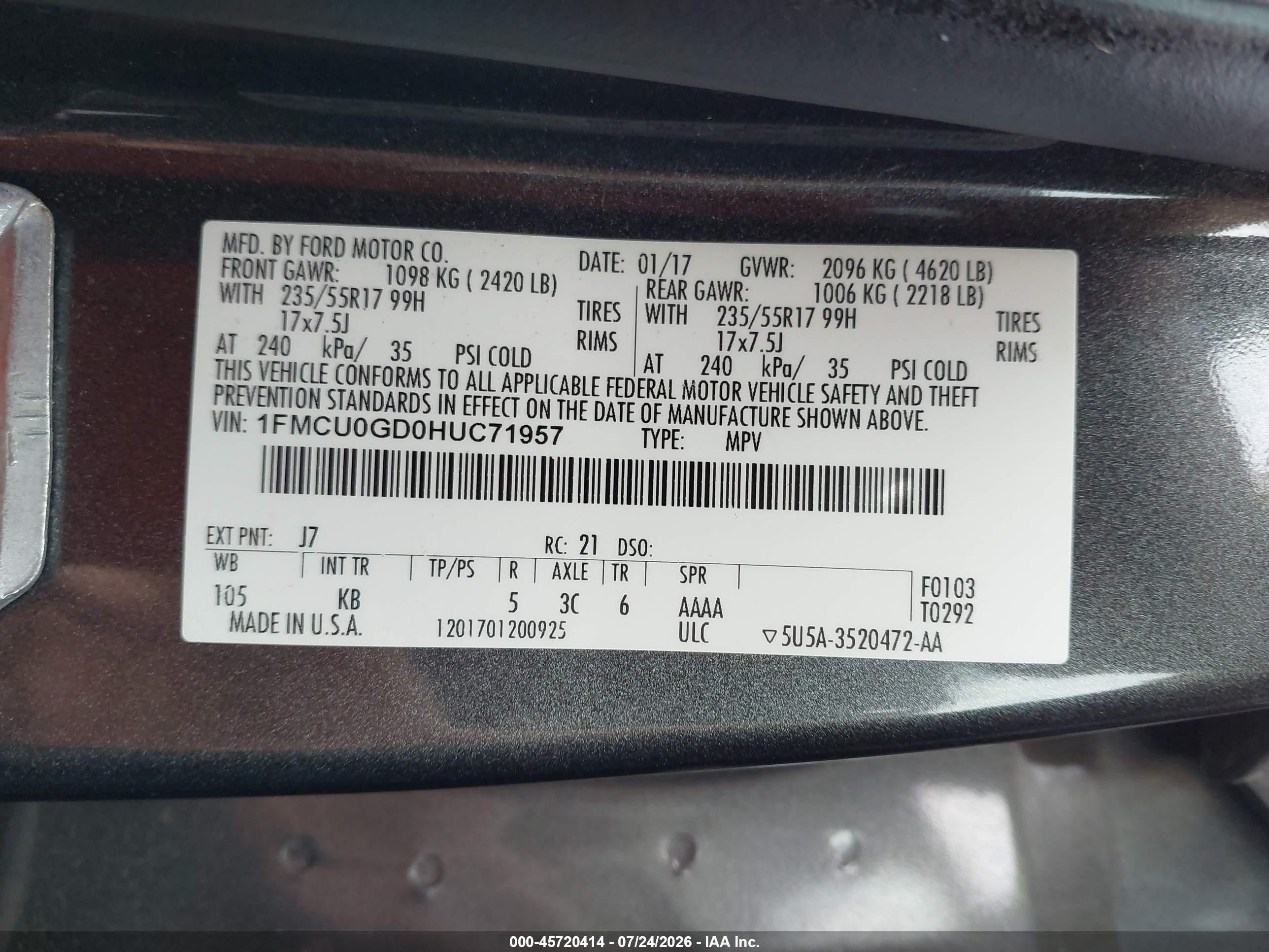 2017 Ford Escape Se Gray vin: 1FMCU0GD0HUC71957