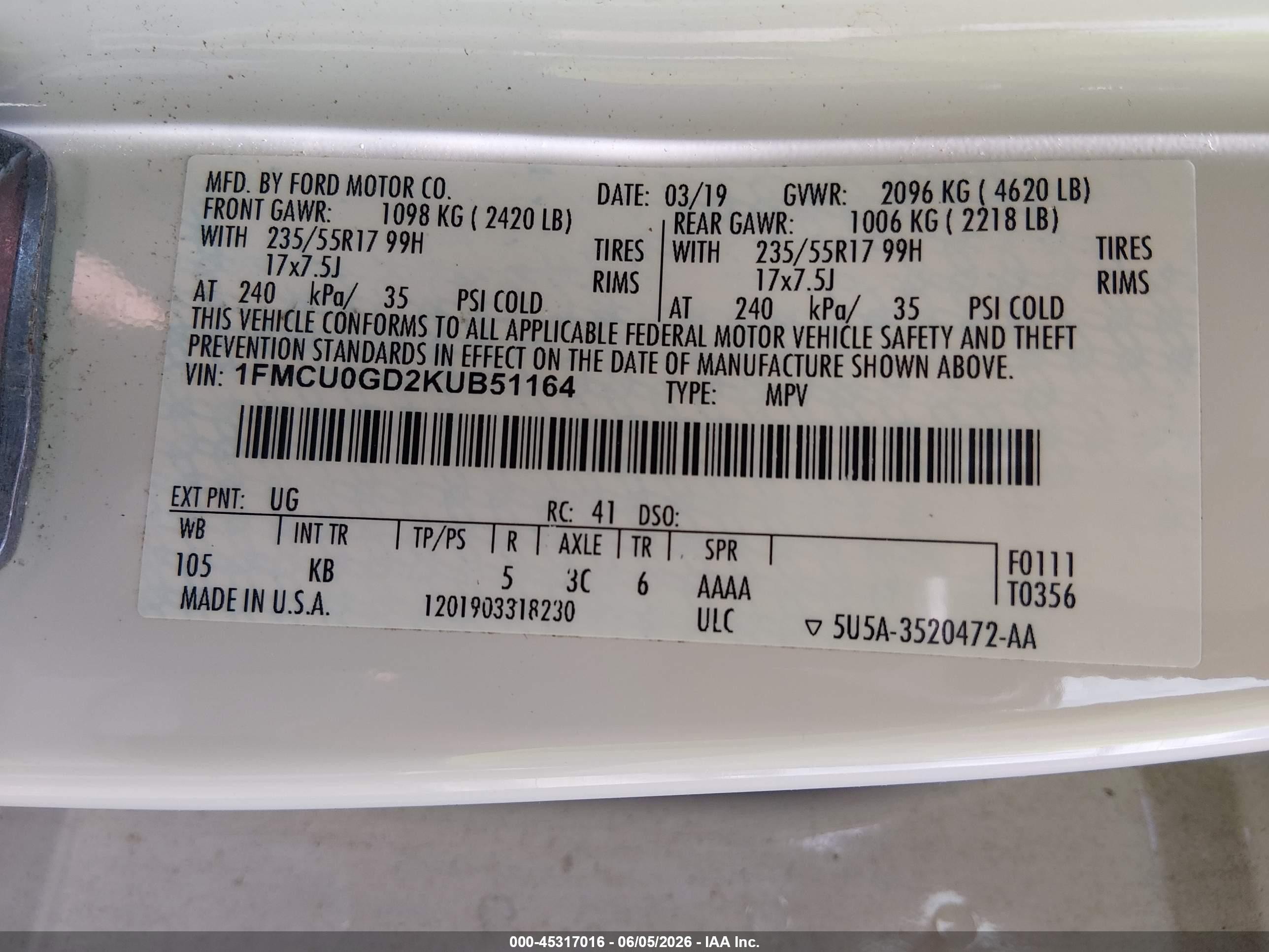 2019 Ford Escape Se White vin: 1FMCU0GD2KUB51164