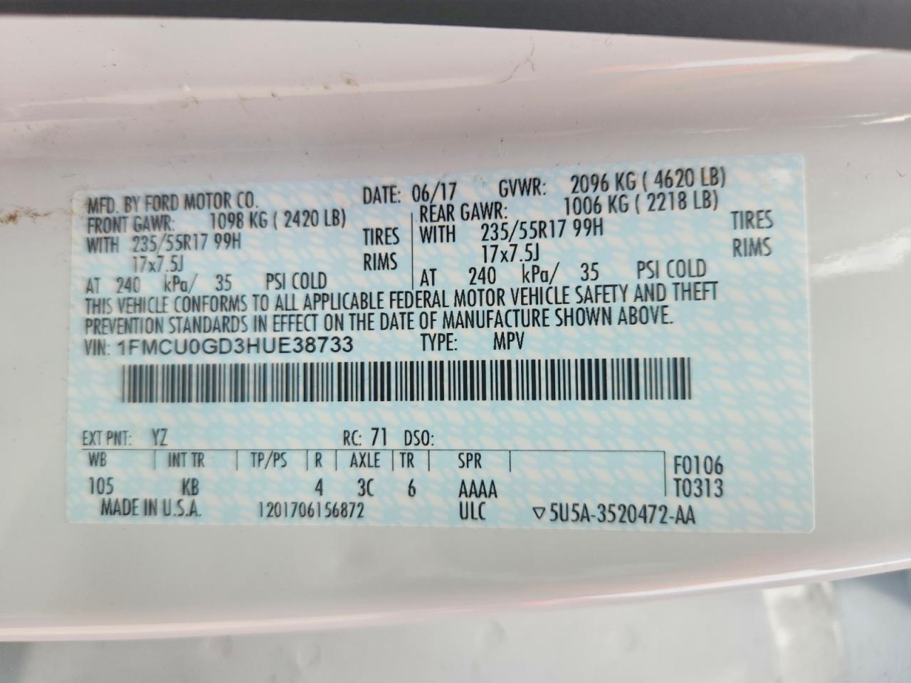 2017 Ford Escape Se White vin: 1FMCU0GD3HUE38733