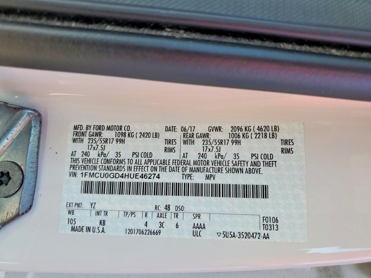 2017 Ford Escape Se White vin: 1FMCU0GD4HUE46274
