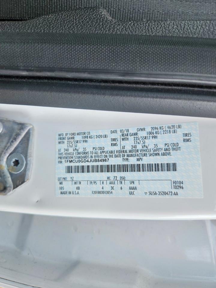 2018 Ford Escape Se White vin: 1FMCU0GD4JUB84987